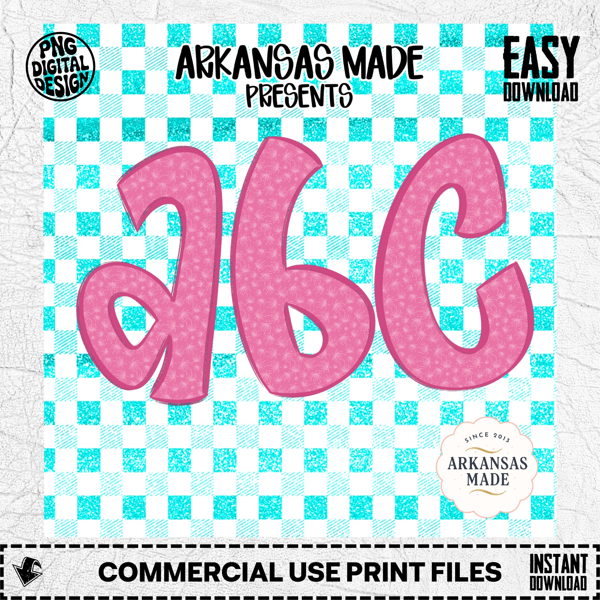 Pink Floral Glitter Alphabet, Teal Gingham Checkered A-Z, Digital Download, Sublimation DTF PNGs, Full Letter Set, Cute ABC Design - Image 2