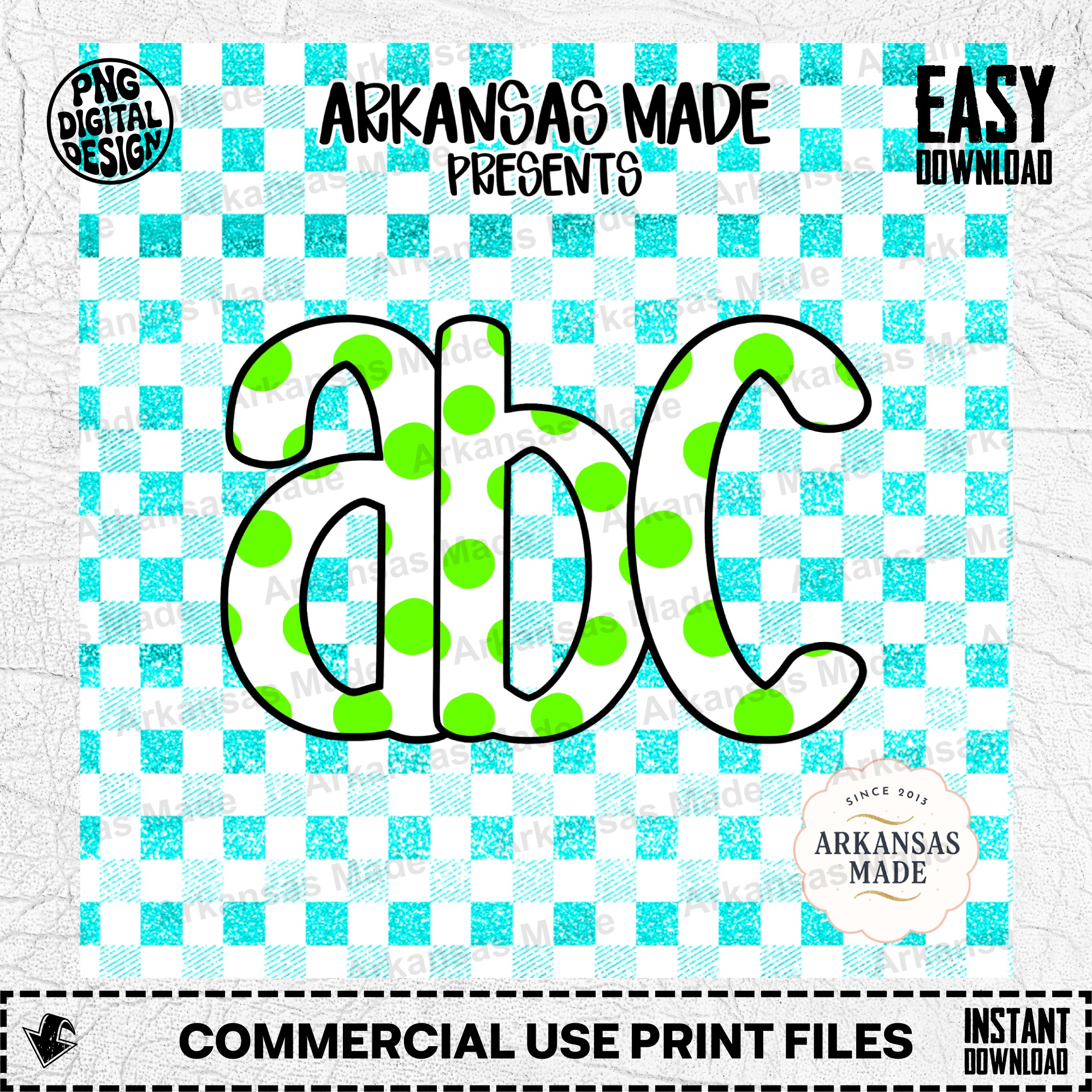 Lime Green Polka Dot ABC Digital Download Alpha Set | Teal Faux Glitter Gingham Letters Numbers Clip Art | Fun Kids Sublimation Ready