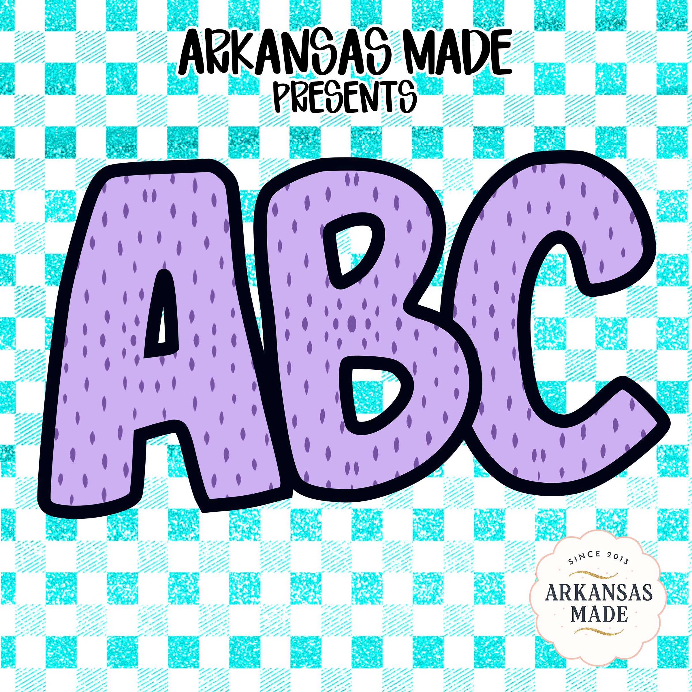 Purple Speckled ABC Alphabet, Full A-Z Alpha Set, Glitter Teal Checkered Background, Digital, Sublimation DTF PNGs Download