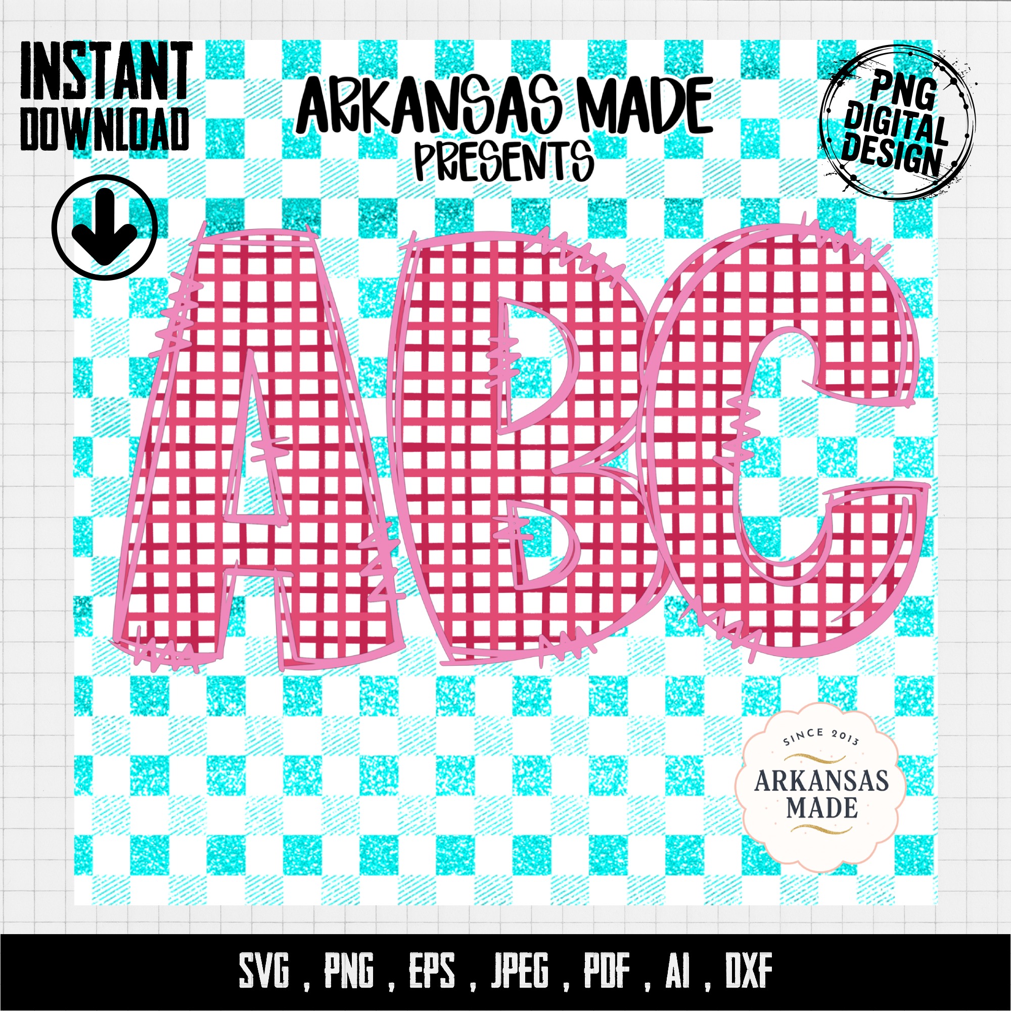 Pink Plaid Alphabet Digital Download, Full A-Z Alpha Sublimation DTF PNGs, Teal Glitter Checkerboard Letters, ABC Font Kit - Image 4