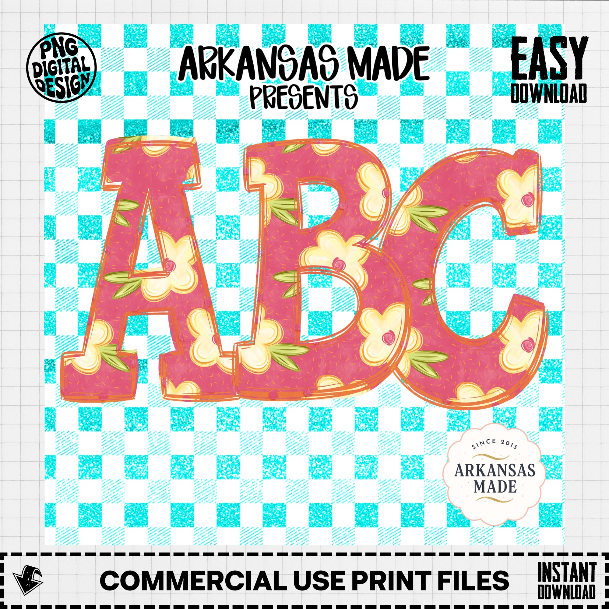 Floral Alphabet Digital Download, Full A-Z Alpha Sublimation DTF PNGs, Pink Floral Letters, Turquoise Gingham Plaid, Cute ABC Pack, Instant - Image 3