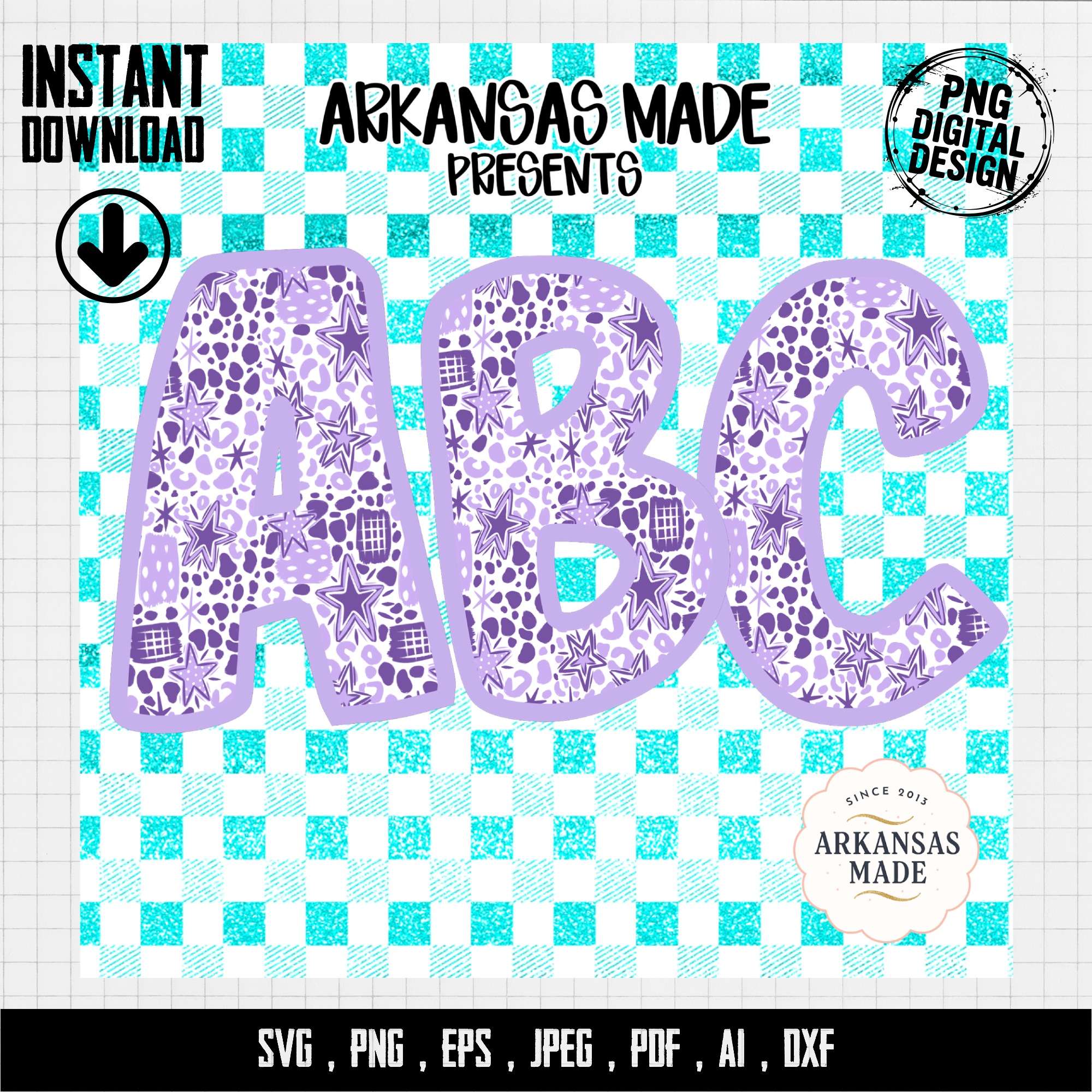 Purple Leopard Star Alphabet, Glitter Aqua Checkered Background, Digital Download Full A-Z Alpha, Sublimation DTF PNGs, Instant Art - Image 4