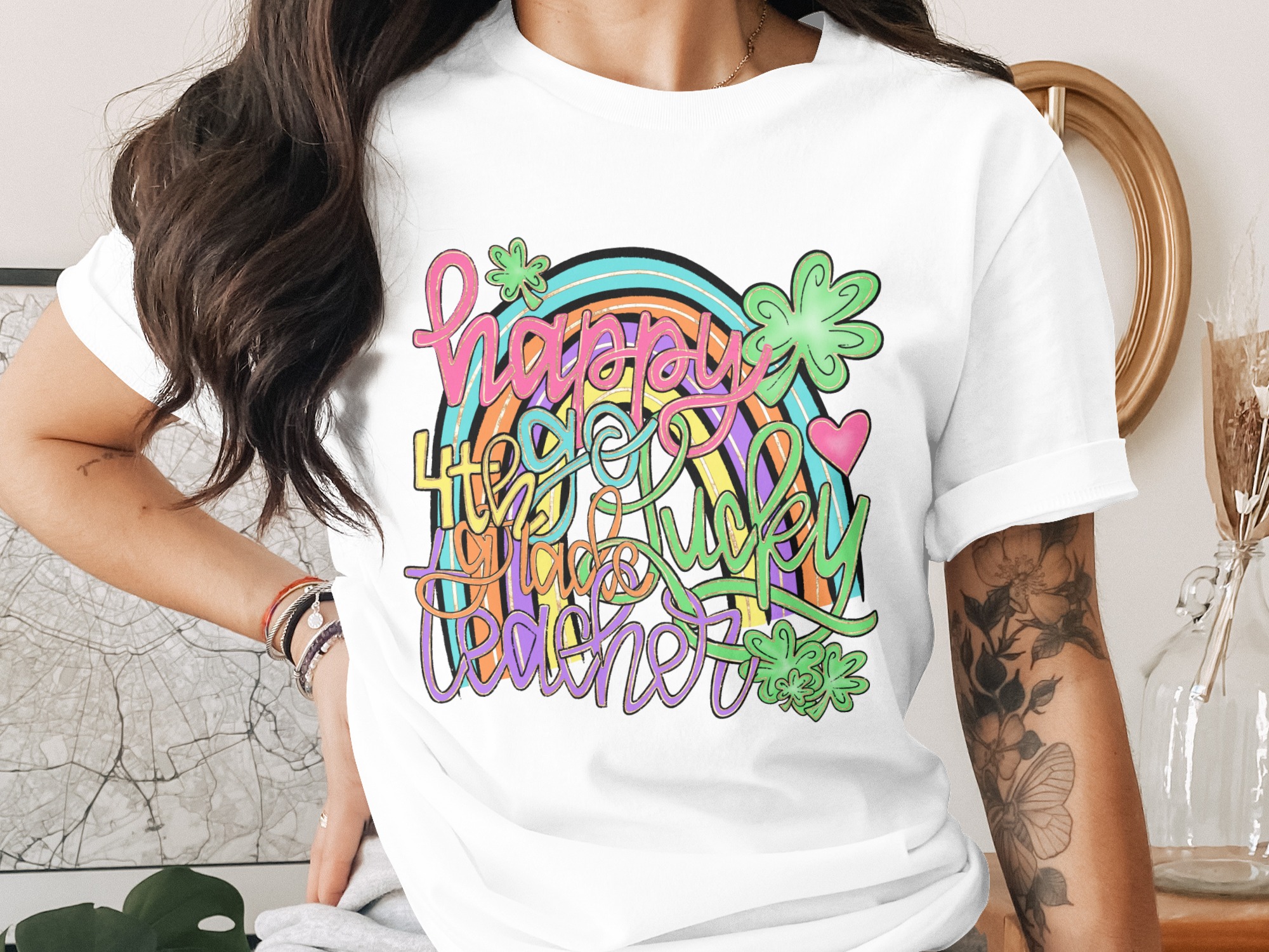 Happy 4th Grade Lucky Teacher PNG, St Patricks Day Digital Download, Shamrock Rainbow Clover Heart DTF Sublimation Design, School Green Gold
