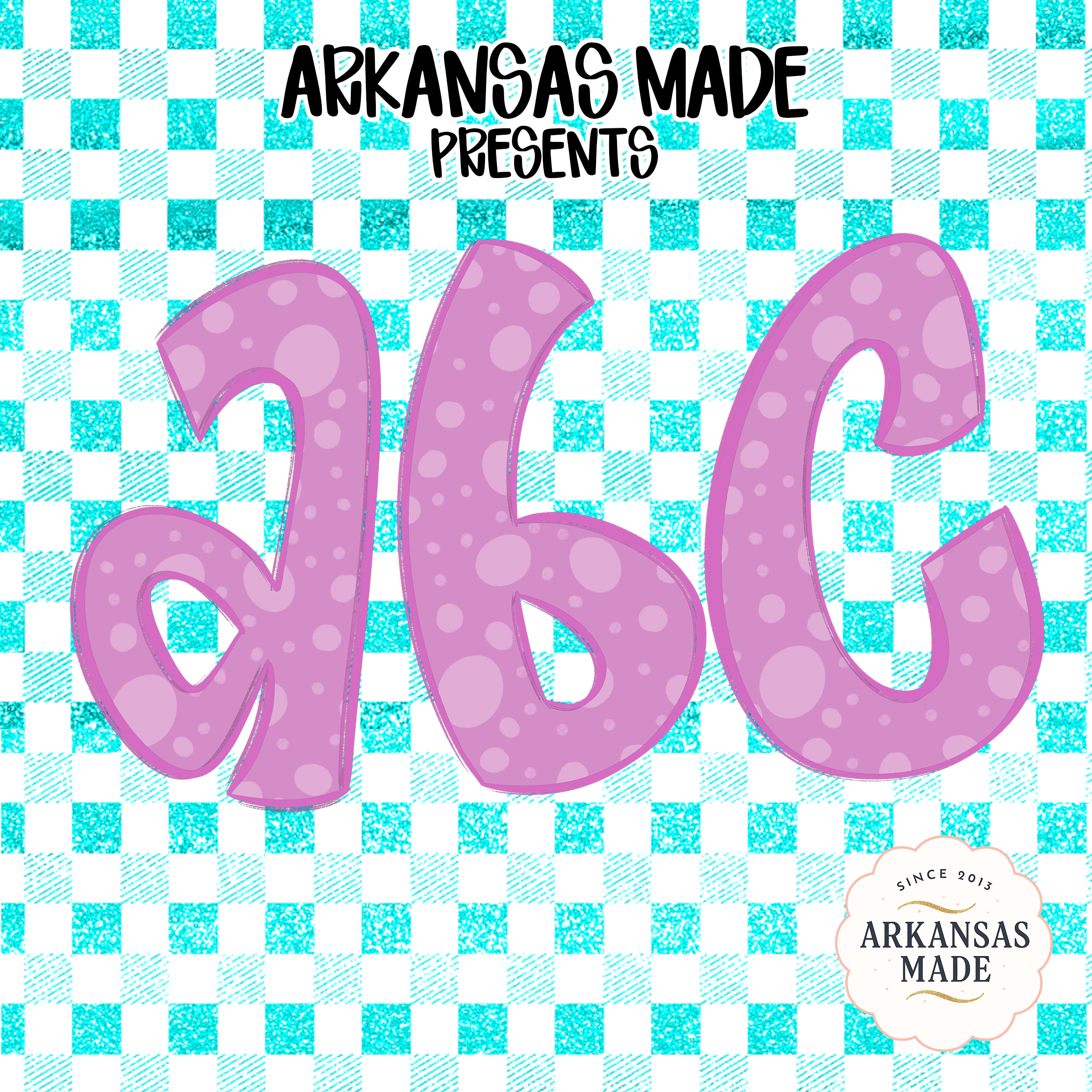 Digital, Digital Download Full A-Z Alpha, Sublimation DTF PNGs, Pink Polka Dot Alphabet, Glitter Teal Gingham Letters, Bubbly Font ABCs