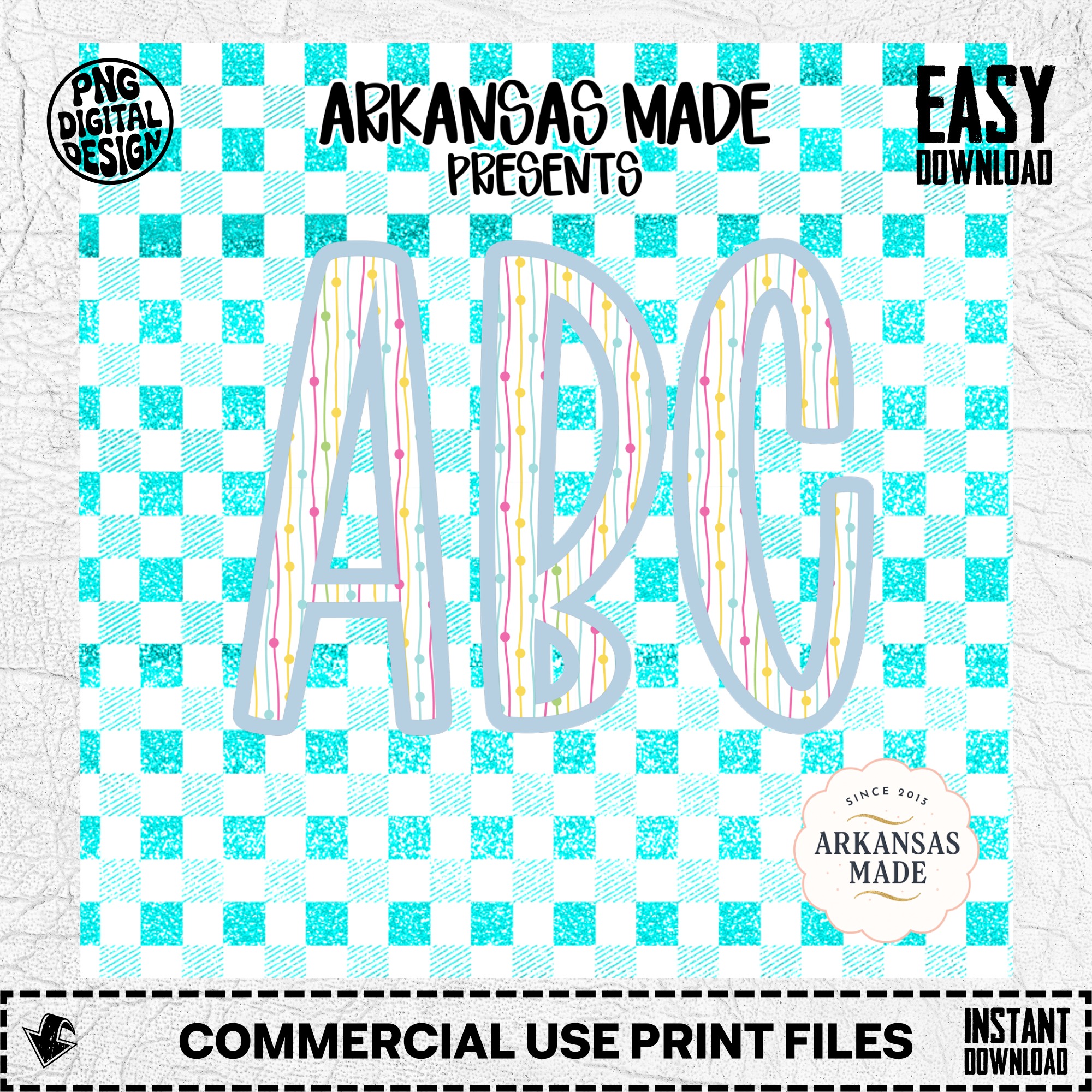 ABC Alphabet Digital Download Full A-Z Alpha, Glitter Gingham PNG, Colorful Letters Sublimation, Preschool DTF Design, Kids Nursery Art - Image 2