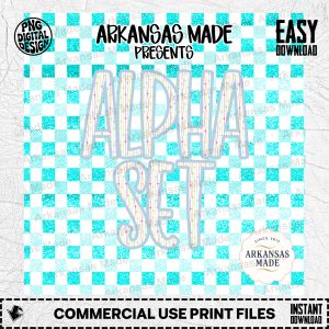 Digital Alphabet Set Aqua Gingham Alpha Download, Faux Glitter Dotted Line Letters PNG, Playful Sublimation Font Design