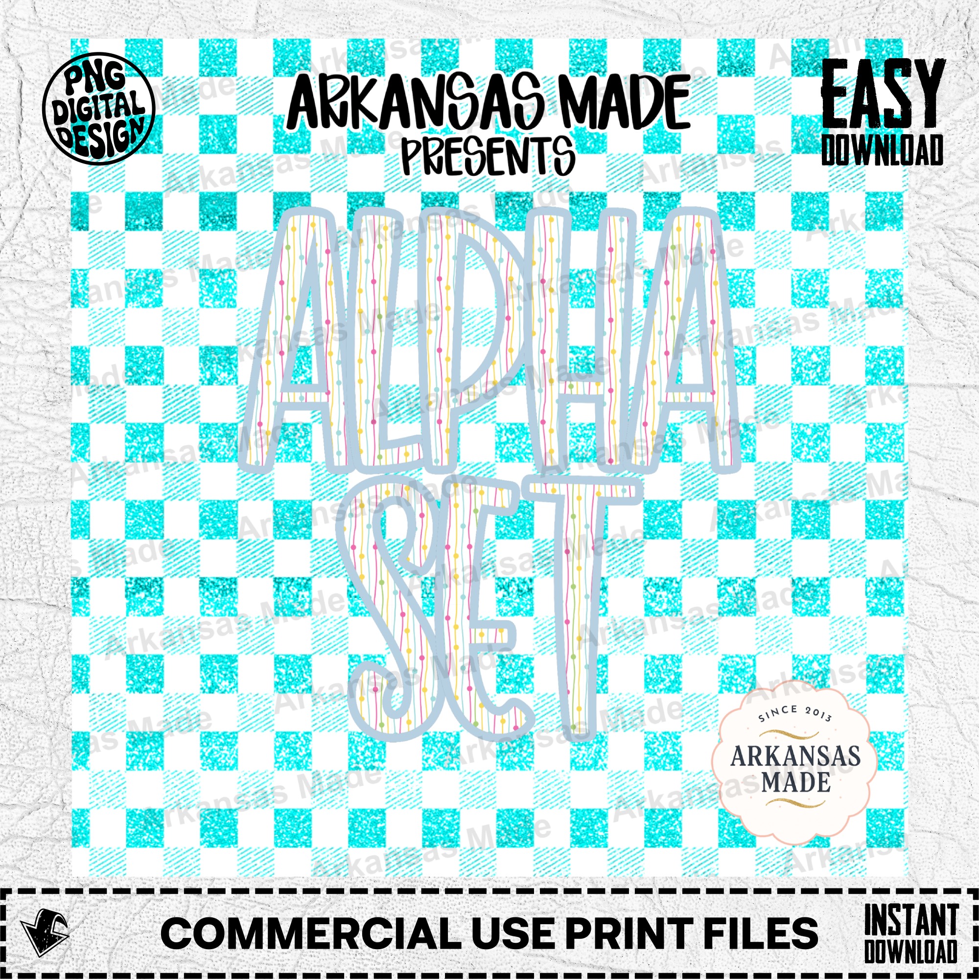 Digital Alphabet Set Aqua Gingham Alpha Download, Faux Glitter Dotted Line Letters PNG, Playful Sublimation Font Design