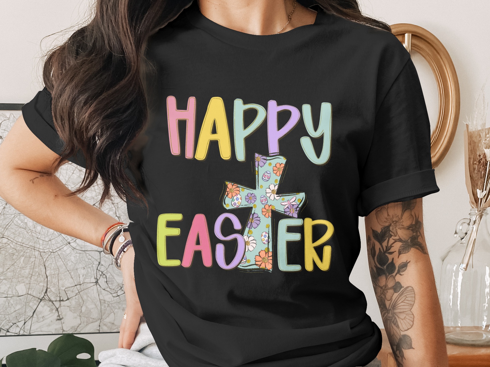 Happy Easter Cross PNG, Glitter Floral Easter Eggs Dragonfly Sublimation, Pastel Spring Christian DTF Digital Download Graphic Design - Image 2
