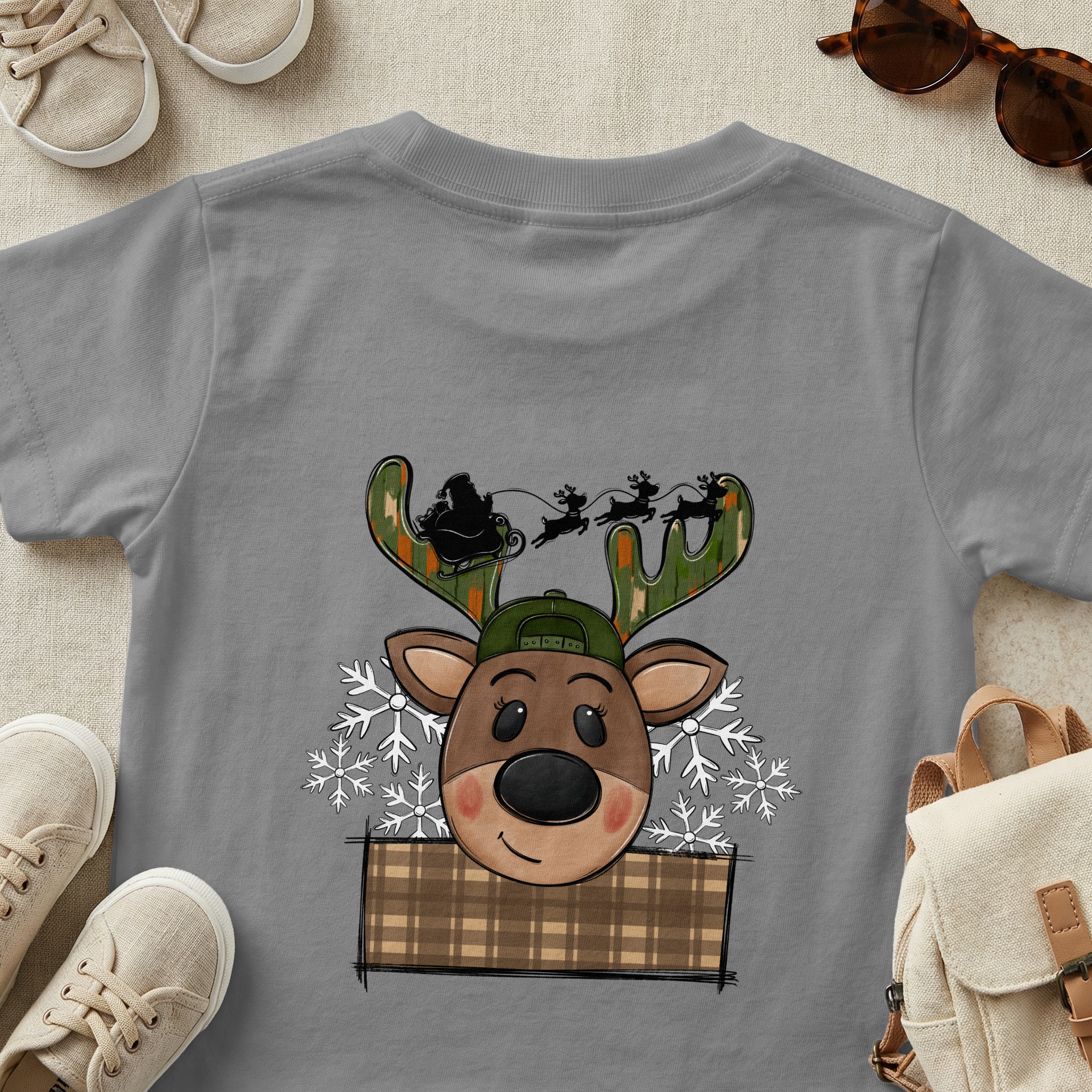Boy Hunting Santa PNG, Digital Download, Christmas Reindeer Sublimation, Camo Antlers, Santa Sleigh, Winter Holiday Graphic, Deer Art, Plaid