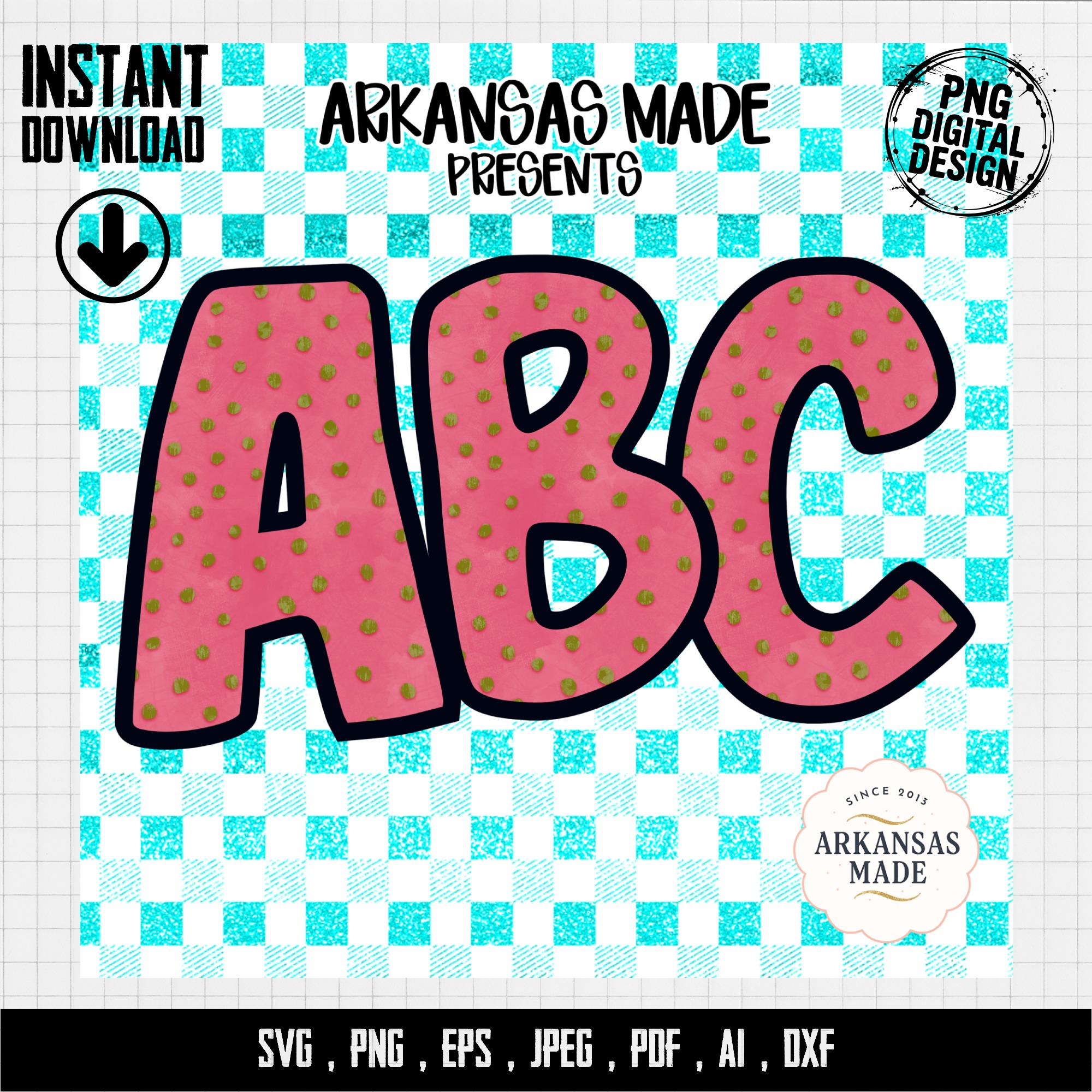 Pink Polka Dot ABC Alphabet, Teal Gingham Background, Digital, Digital Download Full A-Z Alpha, Sublimation DTF PNGs, Nursery Letters - Image 4