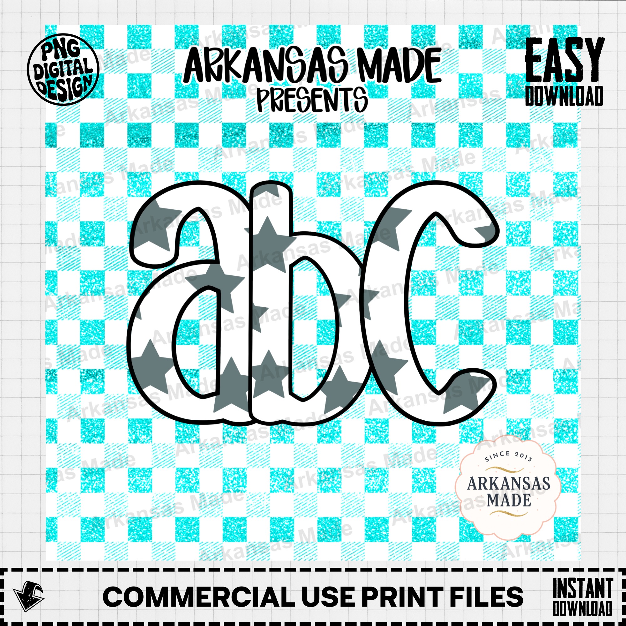 Teal Star Gingham ABC Alpha Set Digital Download, Glitter Alphabet Letters Font, Crafting PNG for DIY Projects, Instant Download - Image 2