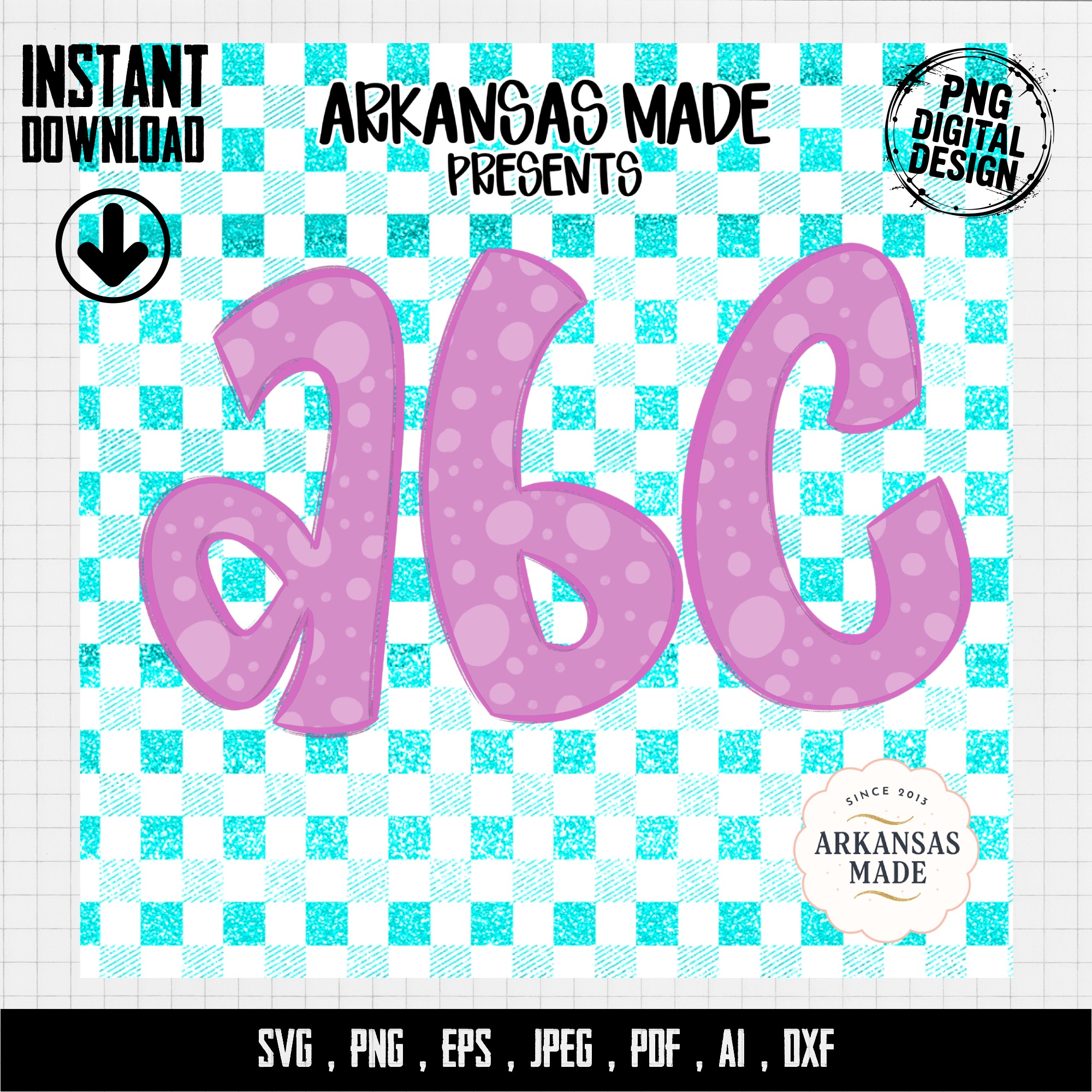 Digital, Digital Download Full A-Z Alpha, Sublimation DTF PNGs, Pink Polka Dot Alphabet, Glitter Teal Gingham Letters, Bubbly Font ABCs - Image 4