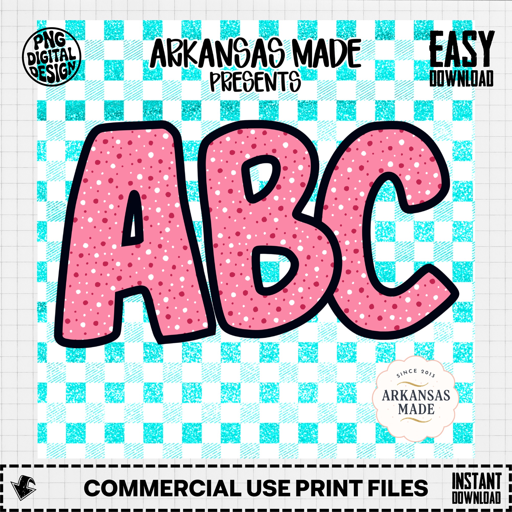 Digital, Digital Download Full A-Z Alpha, Pink Polka Dot Alphabet, Cute Letter Sublimation, Checkered Background DTF PNGs, ABC Clipart Set - Image 3