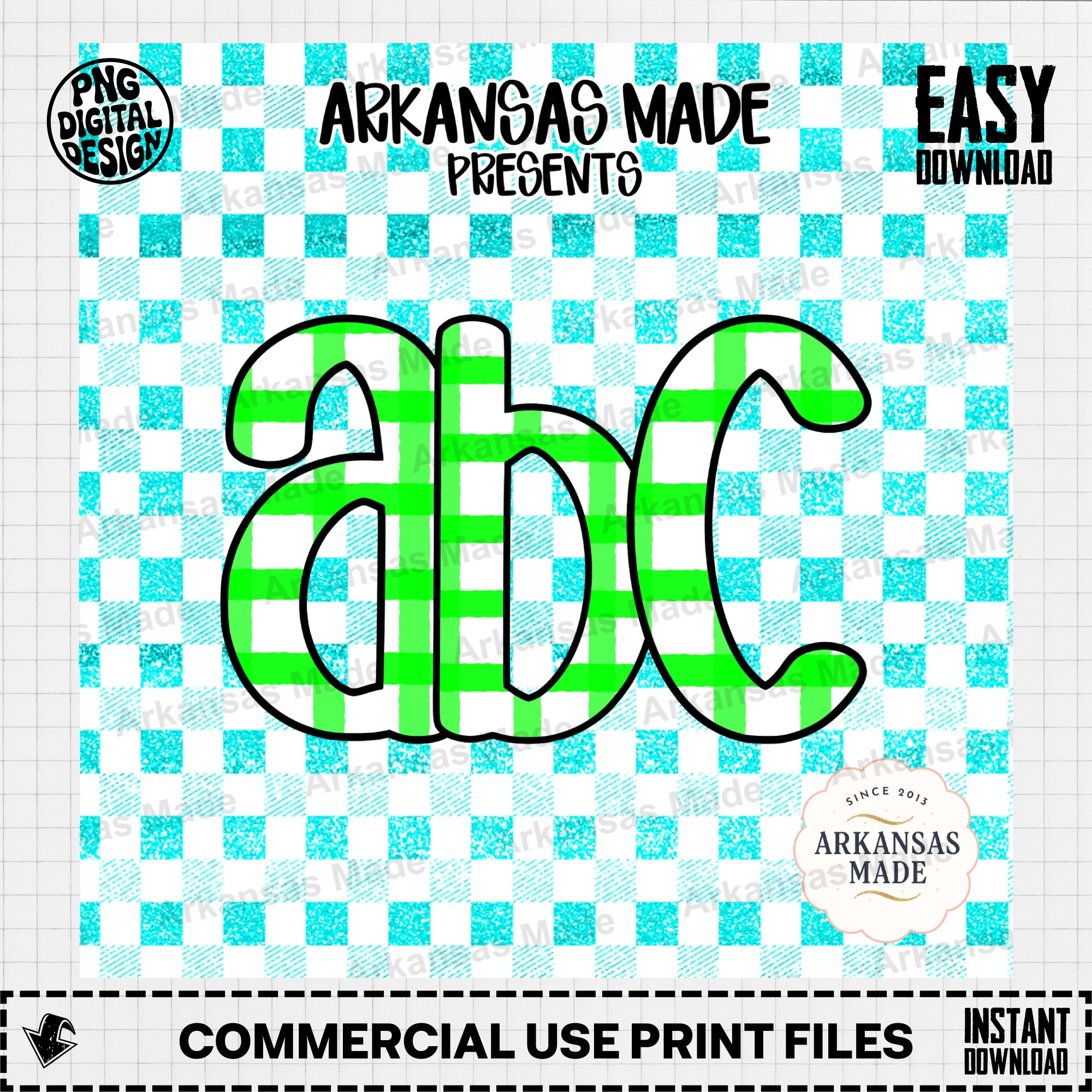 Green Gingham Alpha Set Digital Download | Glitter ABC Letters Clipart PNG | Preppy Font Graphic for Crafts & Nursery Decor - Image 2