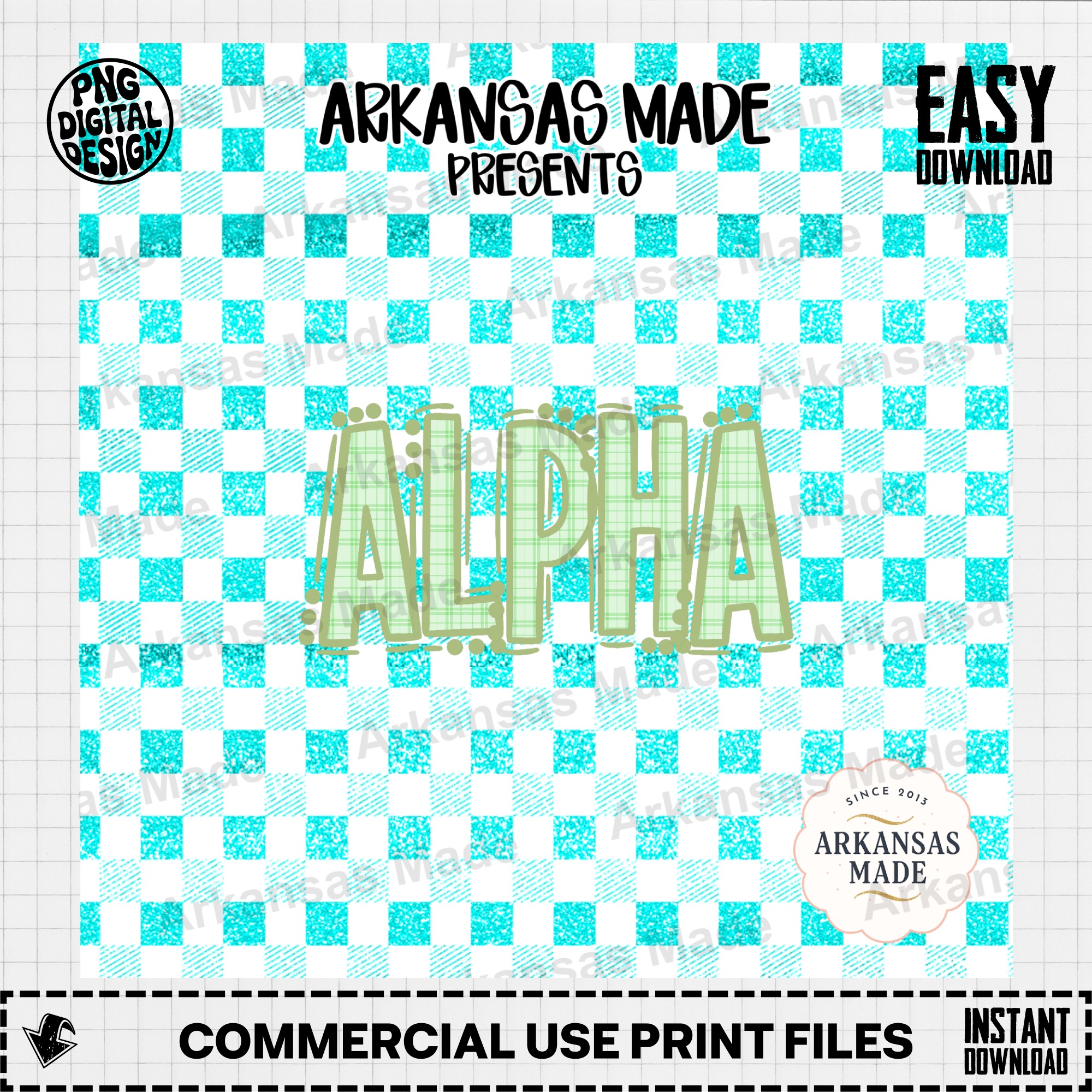 Plaid Gingham Alpha Digital Set, Sorority Letters PNG, Faux Glitter Teal Aqua Buffalo Check Crafting Font, Sublimation Design - Image 2