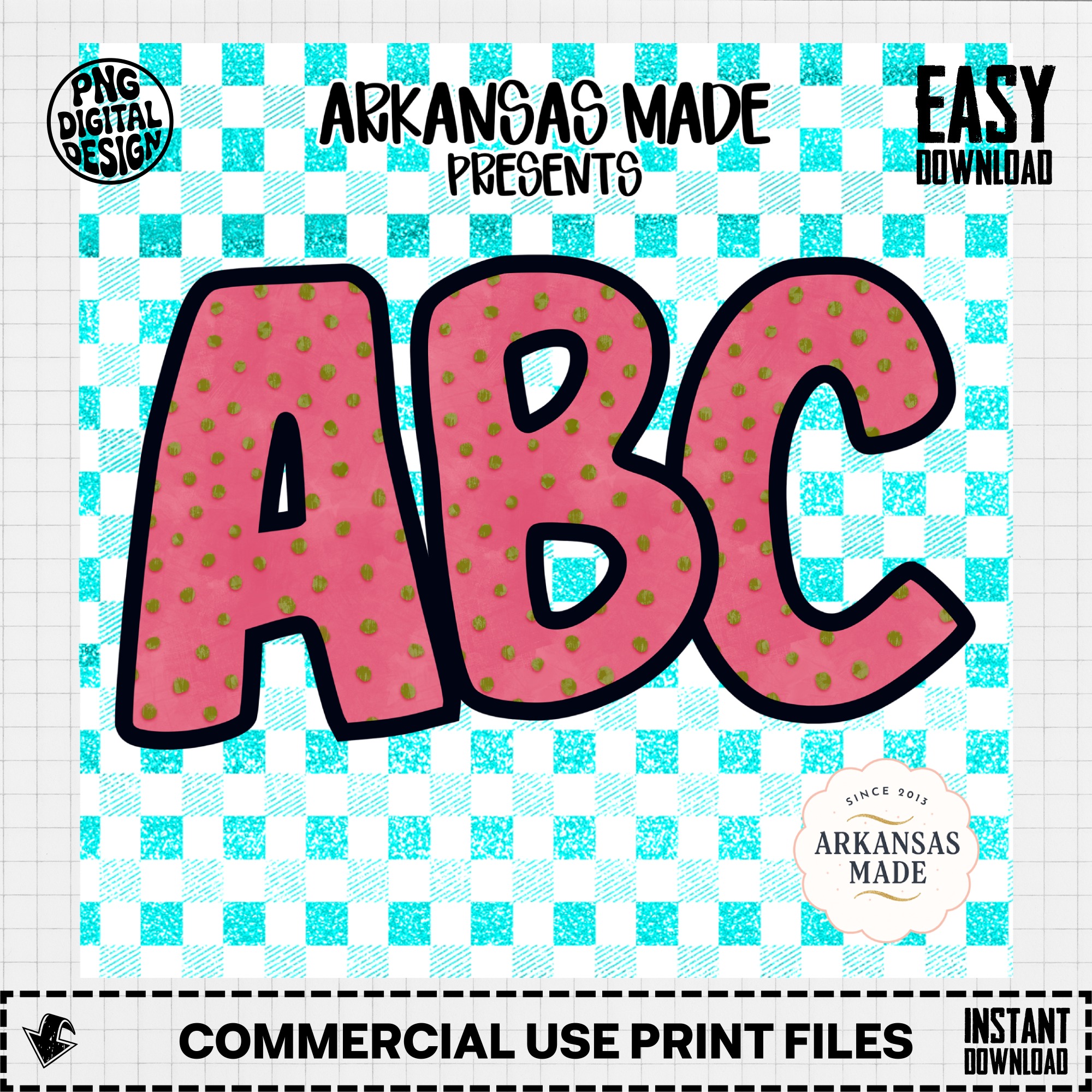 Pink Polka Dot ABC Alphabet, Teal Gingham Background, Digital, Digital Download Full A-Z Alpha, Sublimation DTF PNGs, Nursery Letters - Image 3