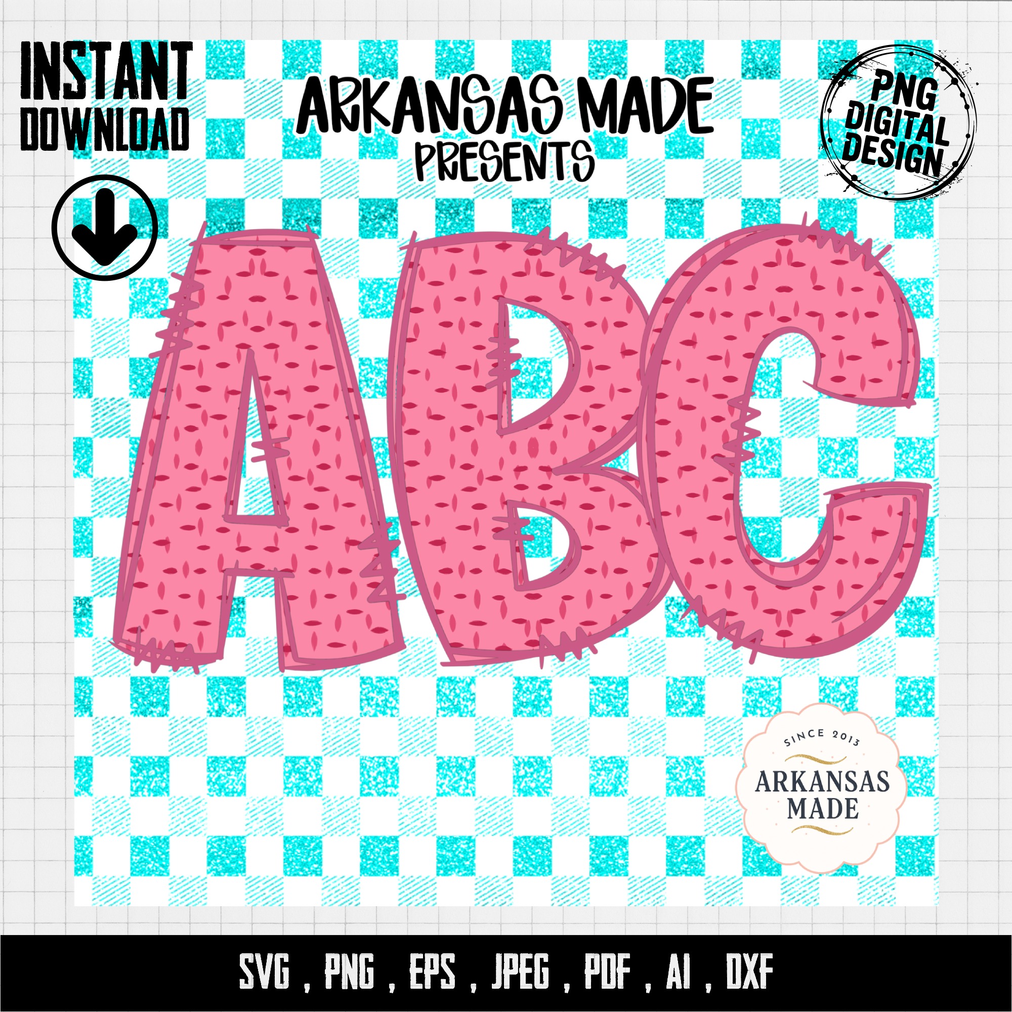 Digital Download Full A-Z Alphabet, Sublimation DTF PNGs, Pink Textured ABC Letters, Turquoise Gingham Background, Arkansas Made Art - Image 4