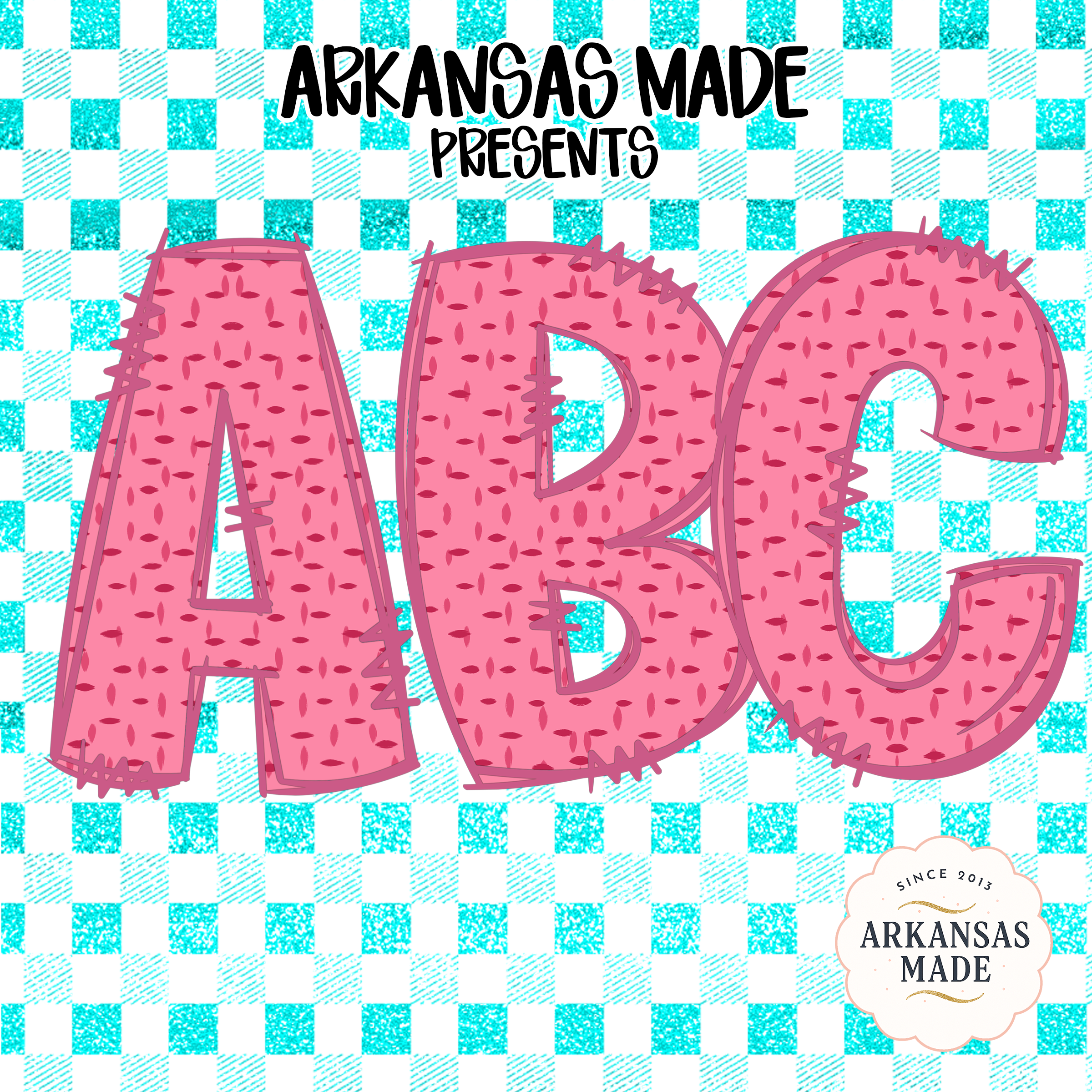 Digital Download Full A-Z Alphabet, Sublimation DTF PNGs, Pink Textured ABC Letters, Turquoise Gingham Background, Arkansas Made Art
