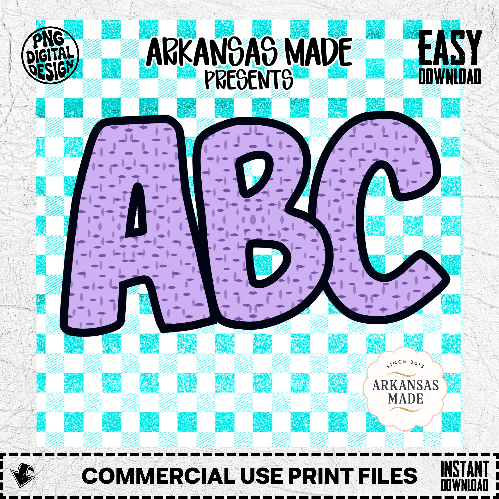 Digital, Digital Download Full A-Z Alpha, Sublimation DTF PNGs, Lavender Textured ABC Alphabet, Turquoise Gingham Checkered Design, Crafting - Image 2