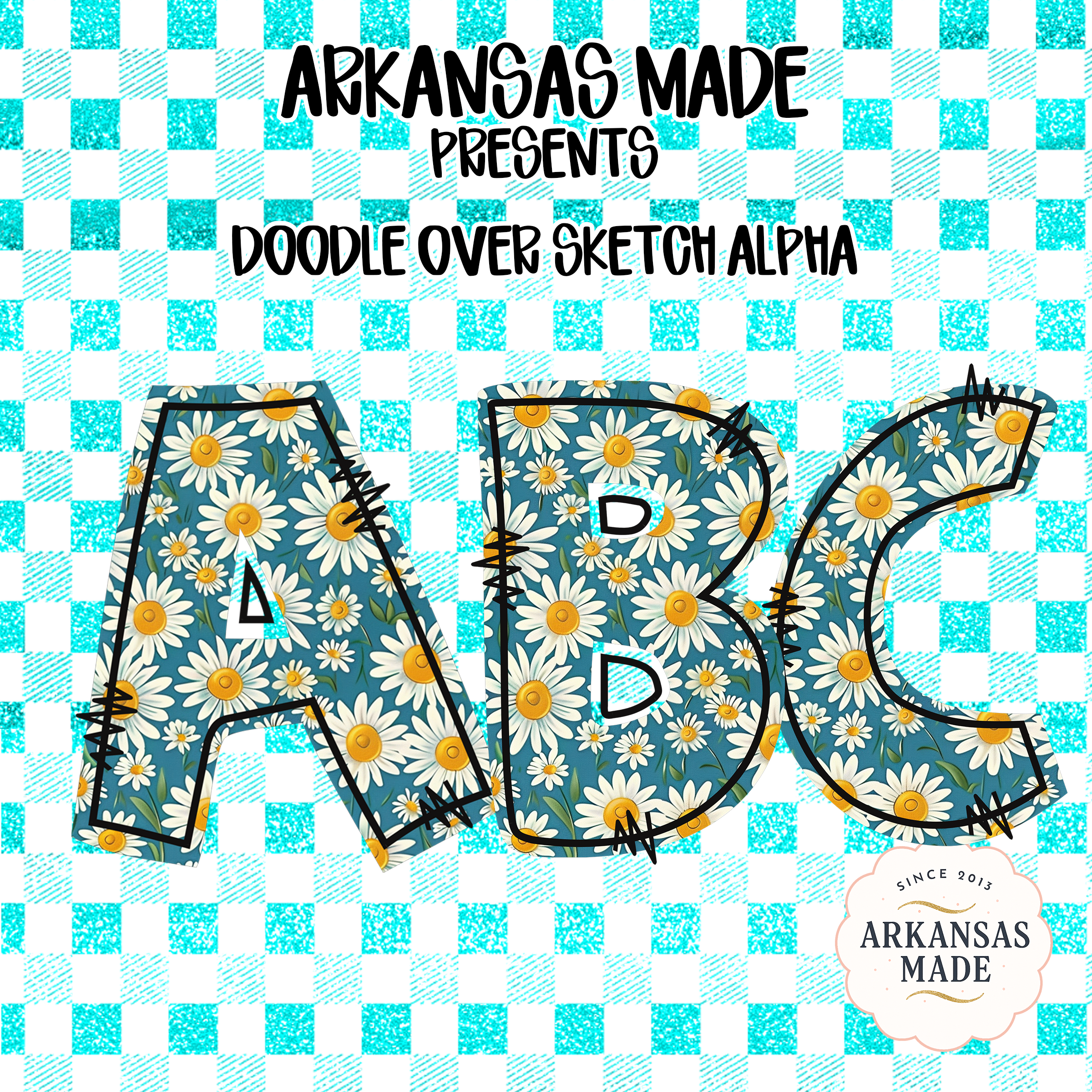 Daisy Alpha Set Digital Download, Boho Floral Doodle Letters PNG, Teal Gingham Glitter Alphabet for Sublimation T-shirts & Crafts - Image 4