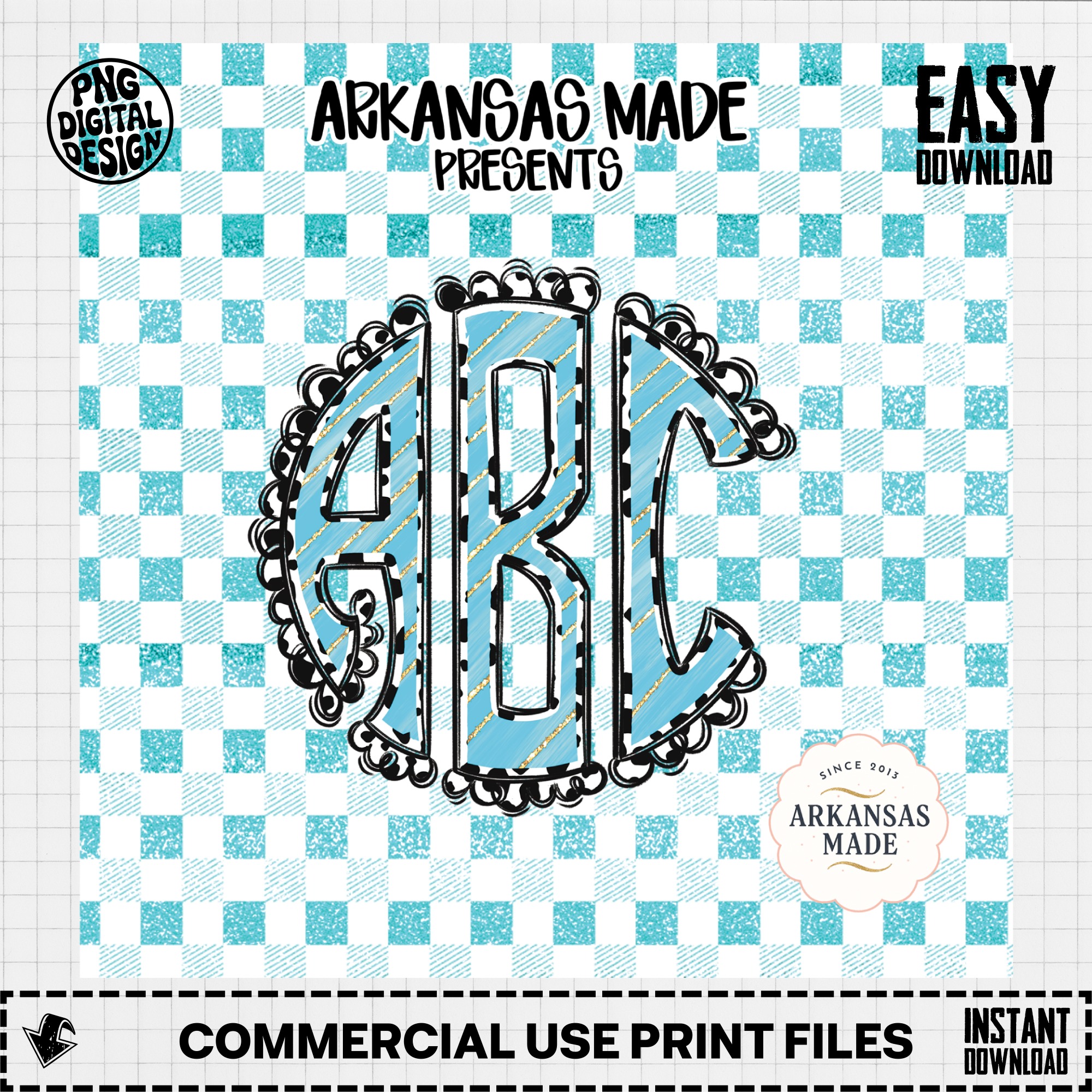 Teal Glitter Dalmatian Dots Circle Monogram PNG, Digital Download, Gingham Buffalo Plaid, Custom Initial Alphabet, Sparkly Spotted Design - Image 3
