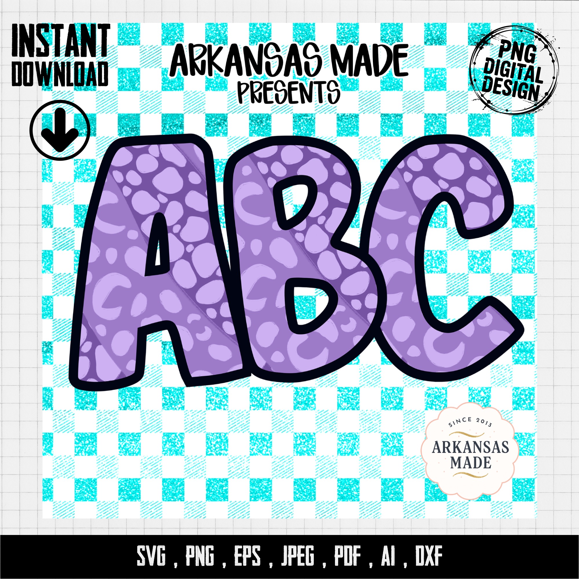 Purple Leopard Print ABC Alphabet, Full A-Z Alpha, Digital Download, Sublimation DTF PNGs, Turquoise Plaid, Kids Nursery Decor - Image 4