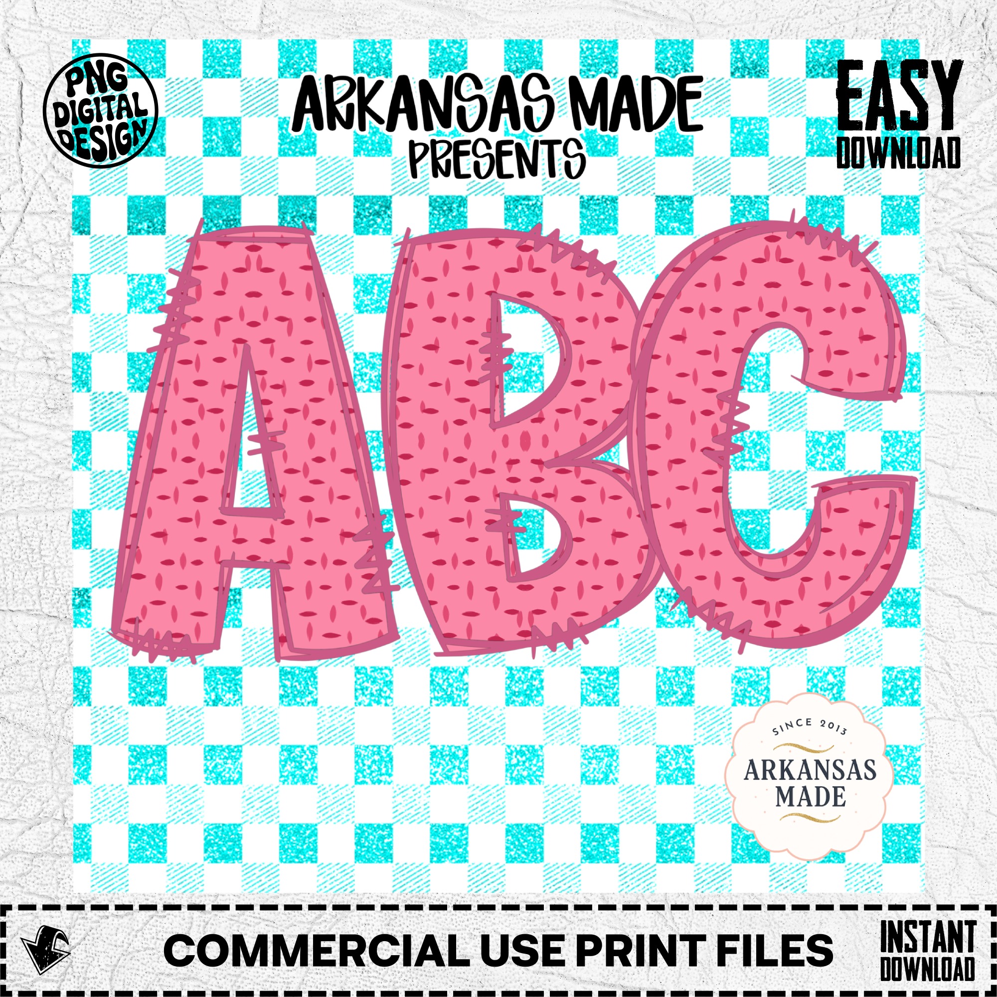 Digital Download Full A-Z Alphabet, Sublimation DTF PNGs, Pink Textured ABC Letters, Turquoise Gingham Background, Arkansas Made Art - Image 2