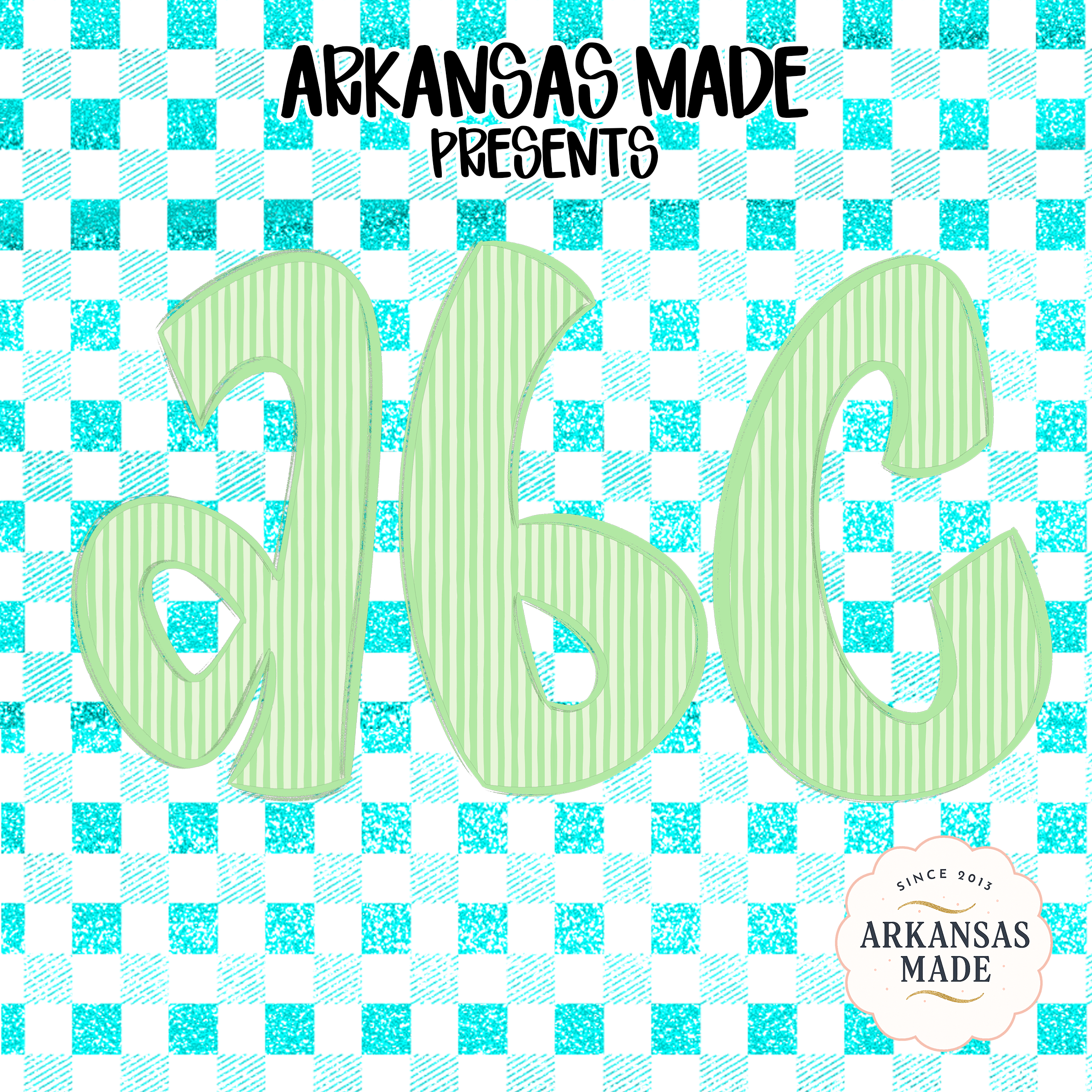 Aqua Gingham Striped Full A-Z Lowercase Alphabet, Digital Download PNGs, Sublimation DTF Ready Files, Mint Green Letters, Craft Print Design