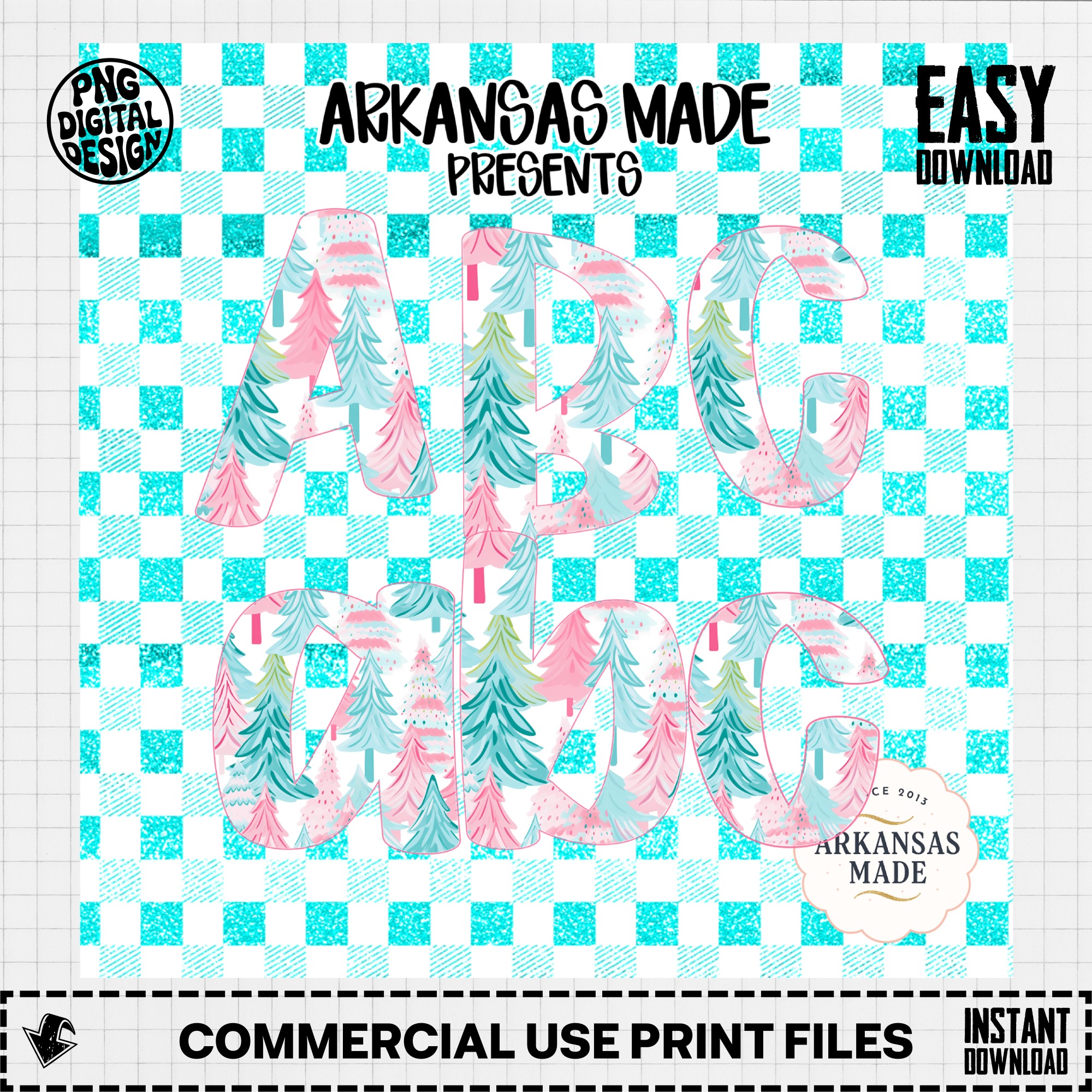 Digital, Digital Download Full A-Z Alpha, Sublimation DTF PNGs, Pastel Christmas Trees Alphabet, Winter Teal Pink Plaid Glitter Letters - Image 3