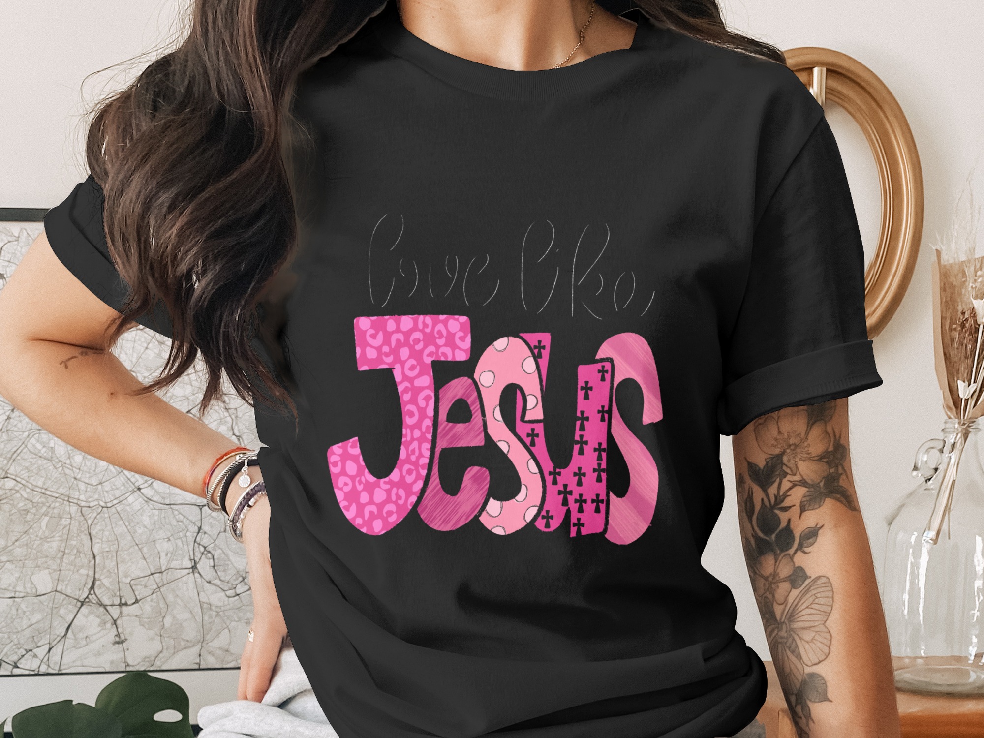 Love Like Jesus PNG Sublimation, Christian Faith DTF Digital Download, Trendy Pink Leopard Cross Quote, Religious Scripture Design, Bold - Image 2