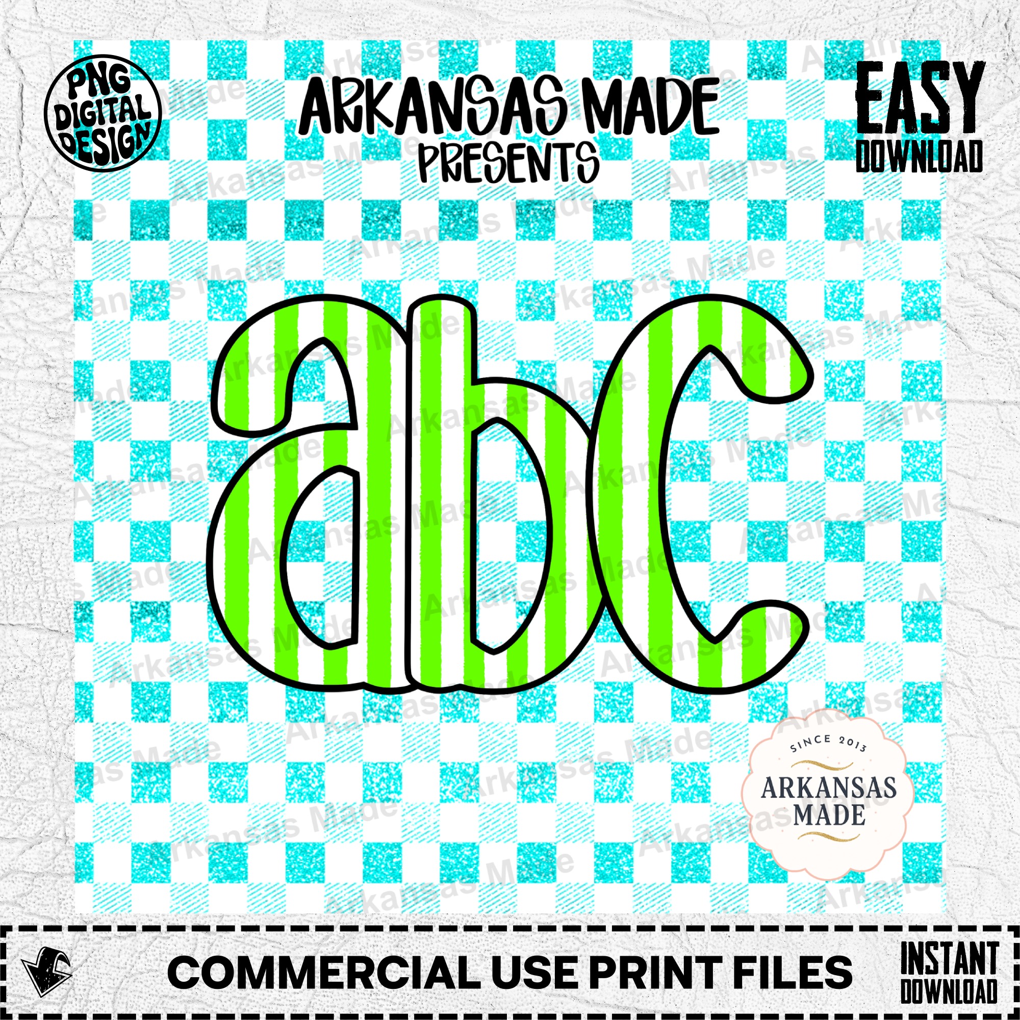 Bright Green Striped ABC Digital Download Alpha Set | Faux Glitter Gingham Letters Numbers Font PNG Clipart Bundle | Teacher Crafting Kids