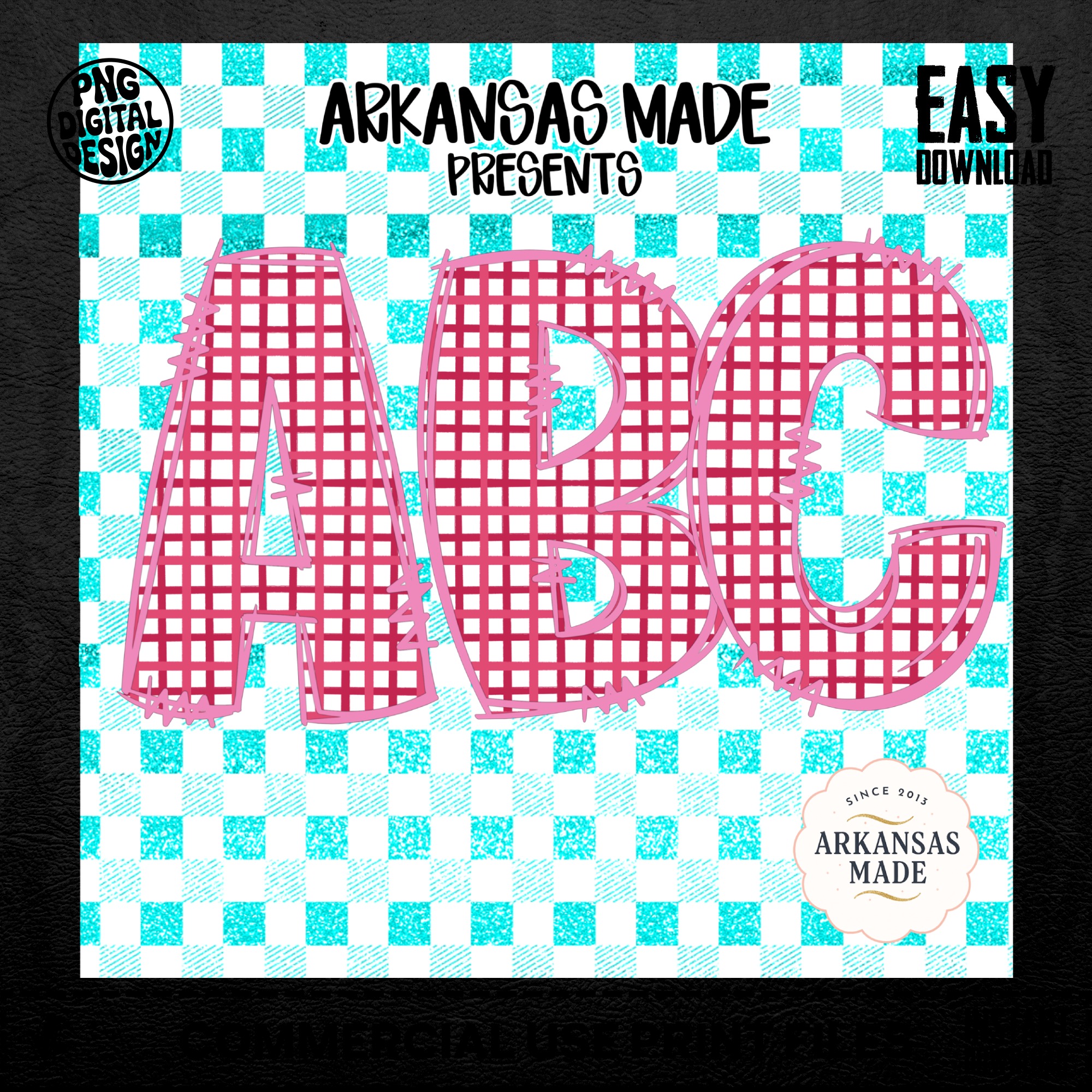 Pink Plaid Alphabet Digital Download, Full A-Z Alpha Sublimation DTF PNGs, Teal Glitter Checkerboard Letters, ABC Font Kit - Image 5