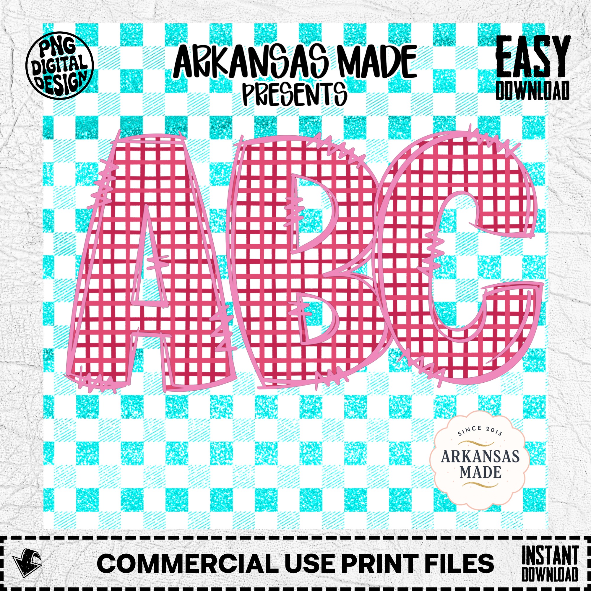 Pink Plaid Alphabet Digital Download, Full A-Z Alpha Sublimation DTF PNGs, Teal Glitter Checkerboard Letters, ABC Font Kit - Image 2