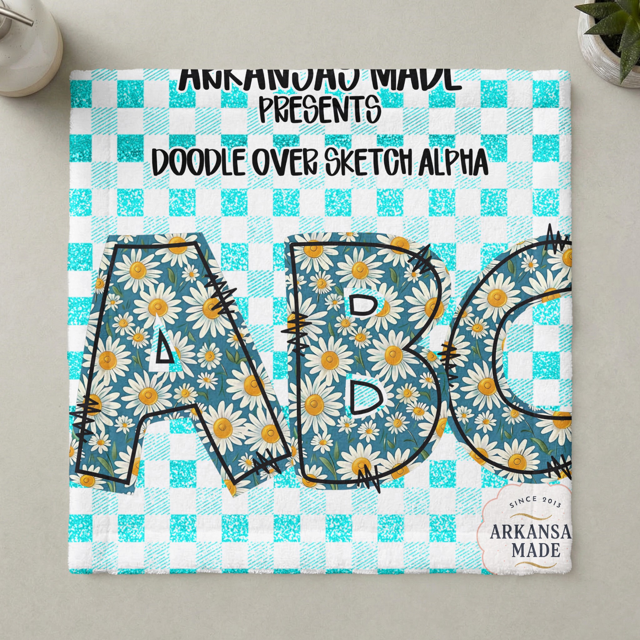 Daisy Alpha Set Digital Download, Boho Floral Doodle Letters PNG, Teal Gingham Glitter Alphabet for Sublimation T-shirts & Crafts - Image 3