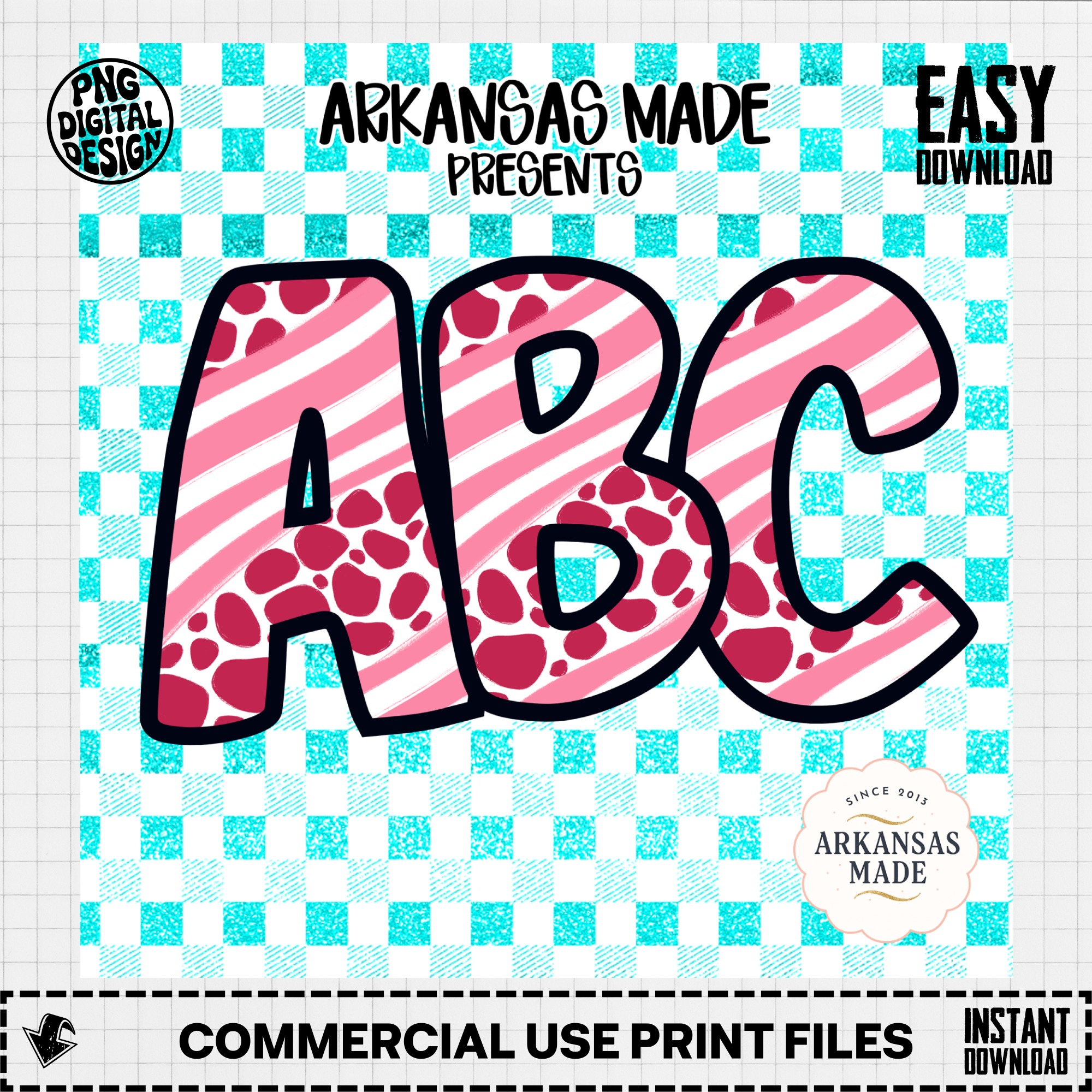 Digital, Pink Striped Abstract Spotted Full A-Z Alpha, Aqua Glitter Gingham Check, Sublimation DTF PNGs, Digital Download File, Trendy - Image 3