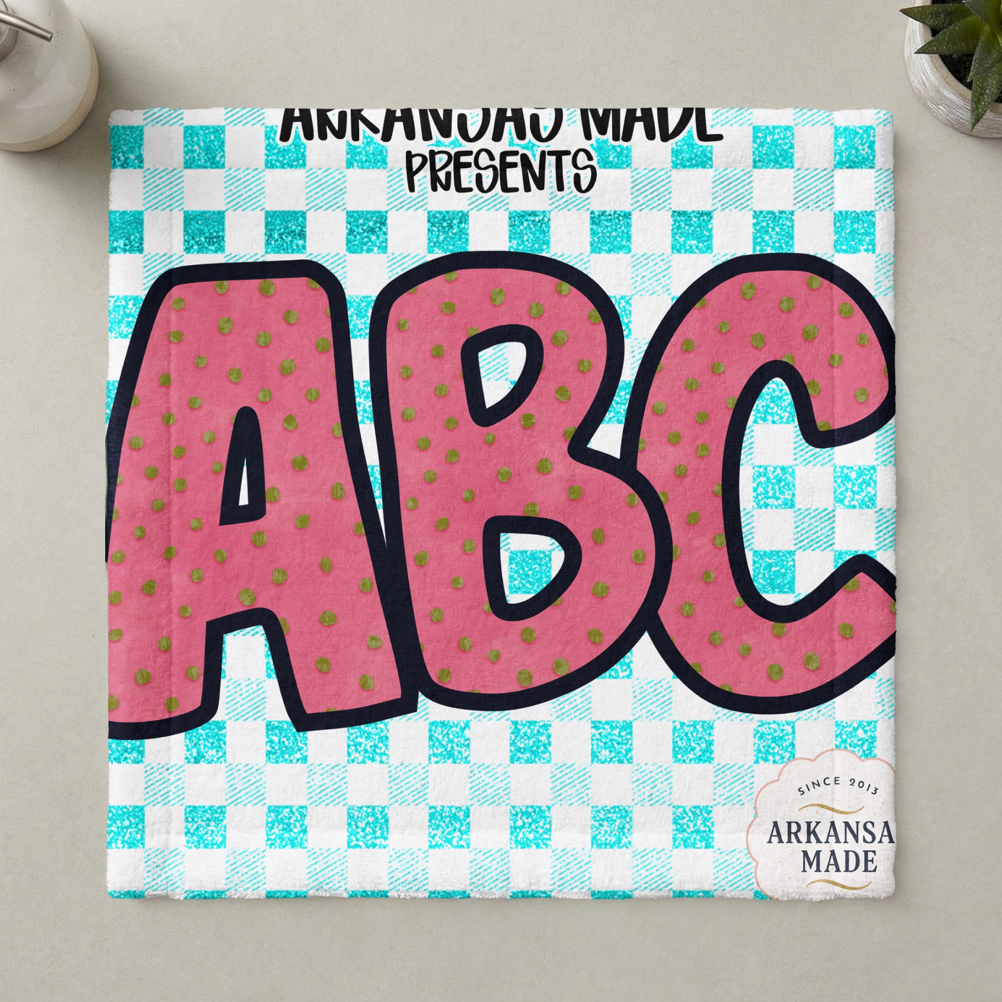 Pink Polka Dot ABC Alphabet, Teal Gingham Background, Digital, Digital Download Full A-Z Alpha, Sublimation DTF PNGs, Nursery Letters - Image 6