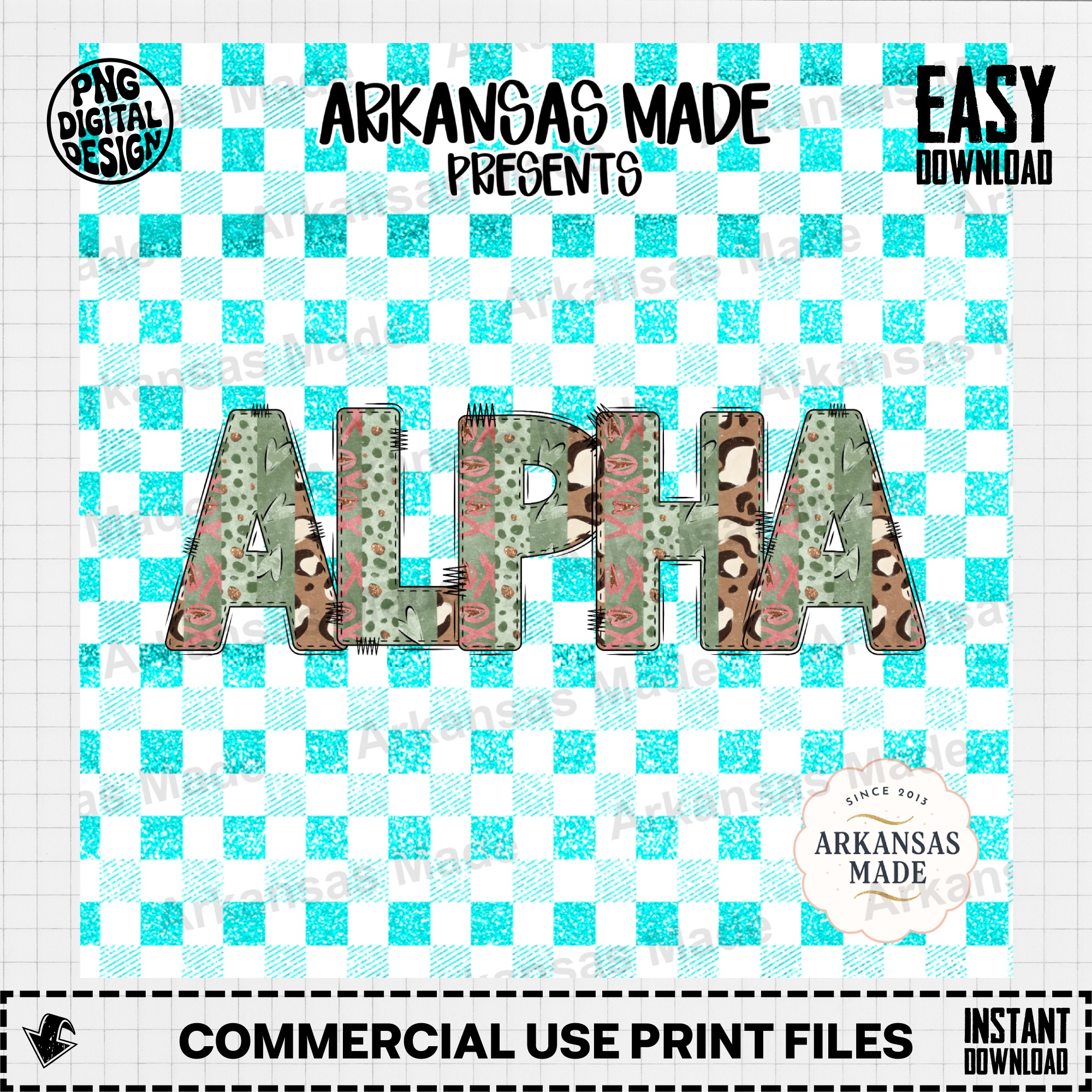 Alpha Letters Digital Download Set, Patchwork Letters PNG, Teal Buffalo Plaid, Sorority Alpha Girl Clipart, Trendy Graphic - Image 2