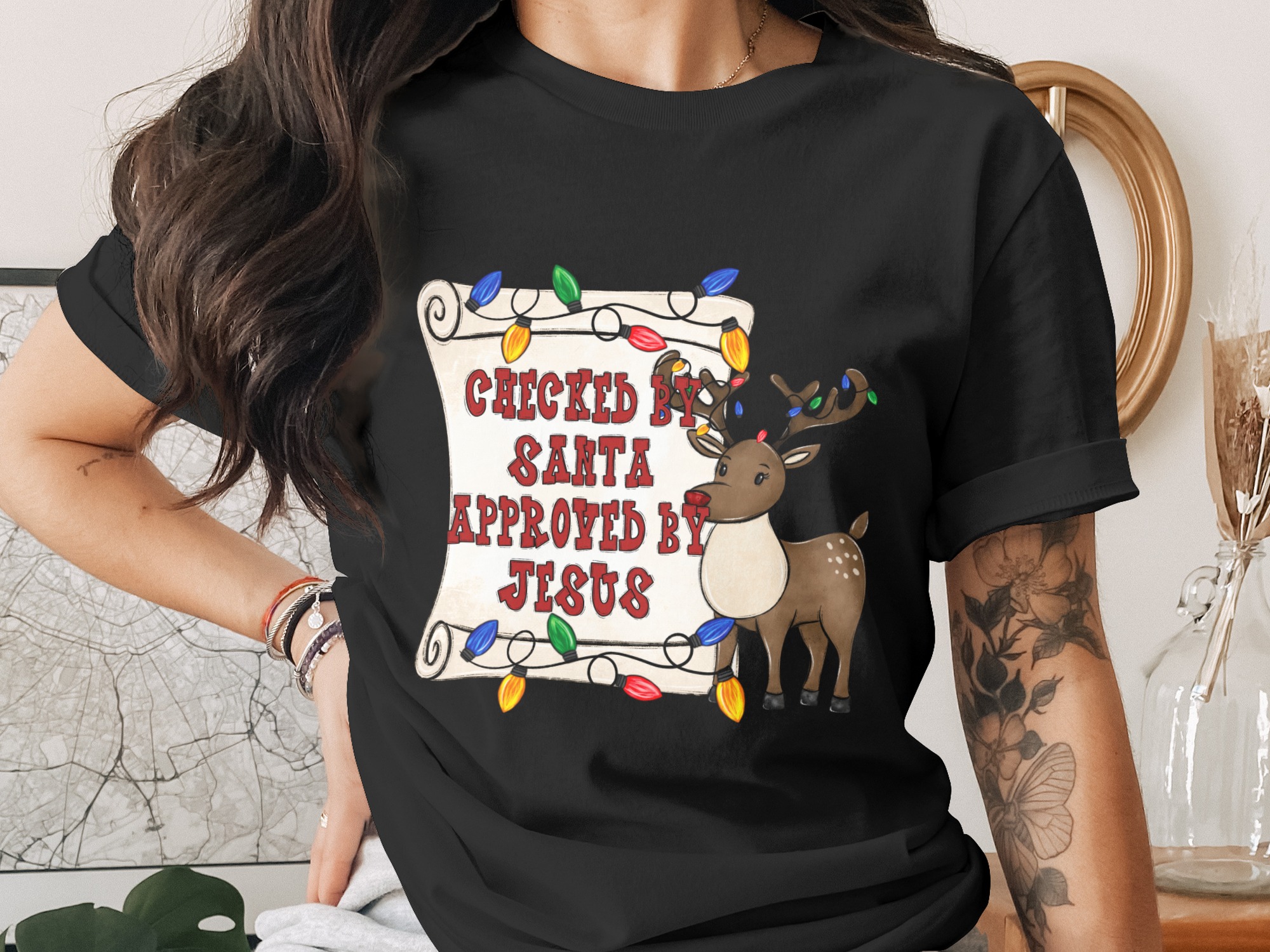 Checked by Santa Approved by Jesus PNG, Christmas Reindeer Lights Digital Download, Christian Holiday Sublimation DTF, Xmas Faith Tee Design - Image 2