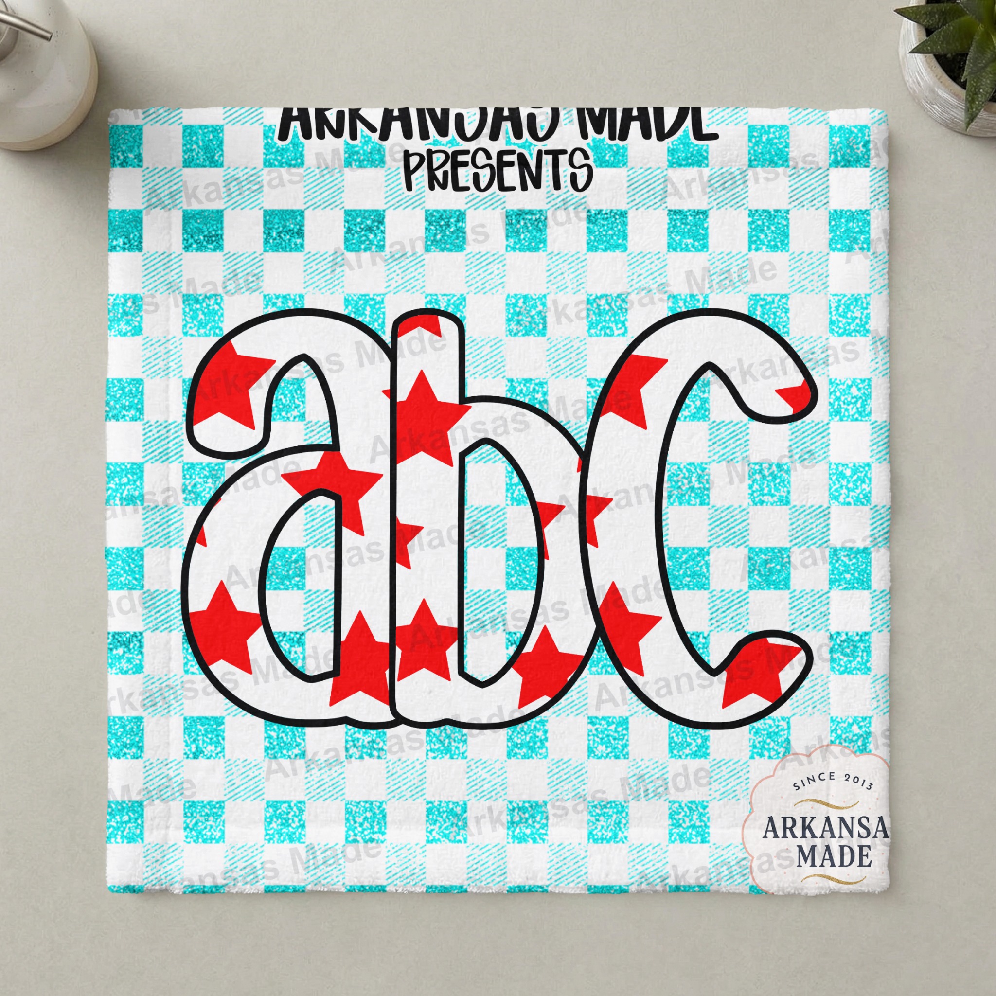 Star ABC Alphabet Digital Download Alpha Set, Red Stars Letters Clipart, Faux Glitter Gingham Teal PNG, Teacher Kids Craft DIY - Image 3