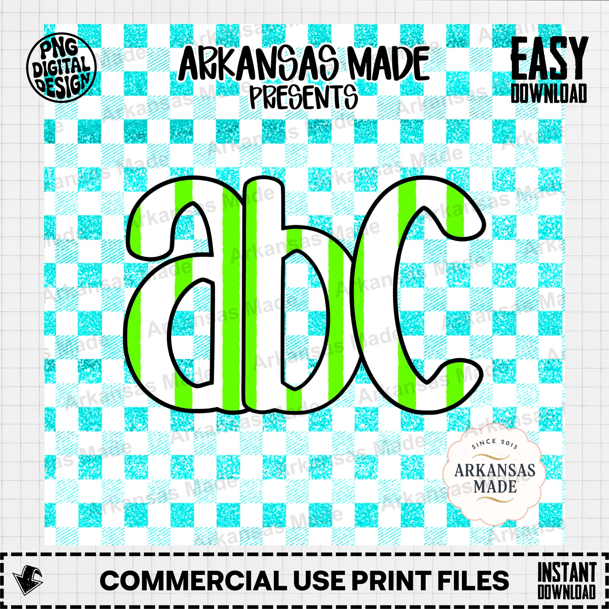 Digital Download Alpha Set Neon Green Striped Letters, Aqua Glitter Checkered Alphabet PNG, Preppy Varsity Font, Crafting Supplies - Image 2
