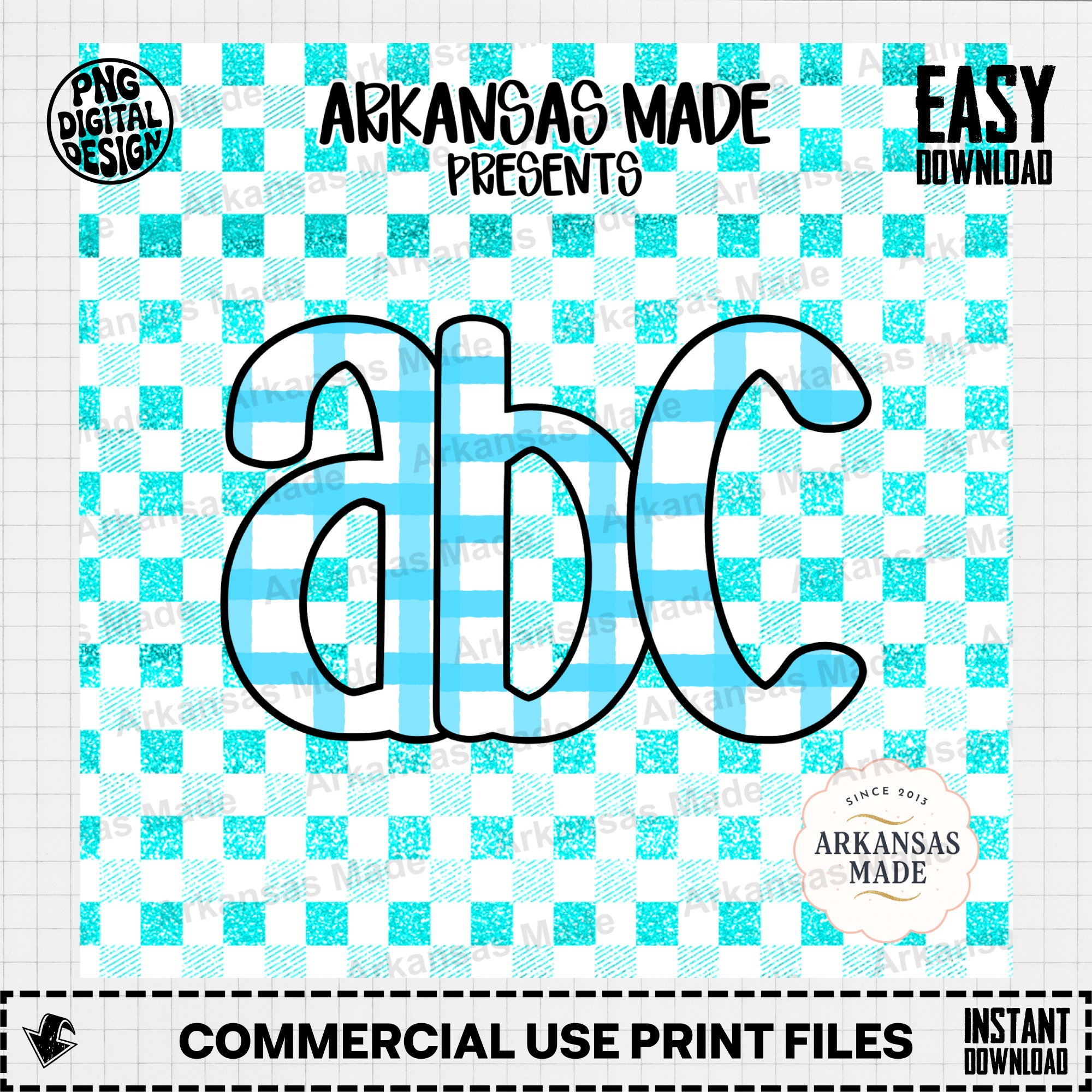Teal Gingham Alphabet Digital Download Alpha Set, Aqua Faux Glitter Letters SVG PNG Bundle, Craft Clipart, Nursery Decor - Image 2