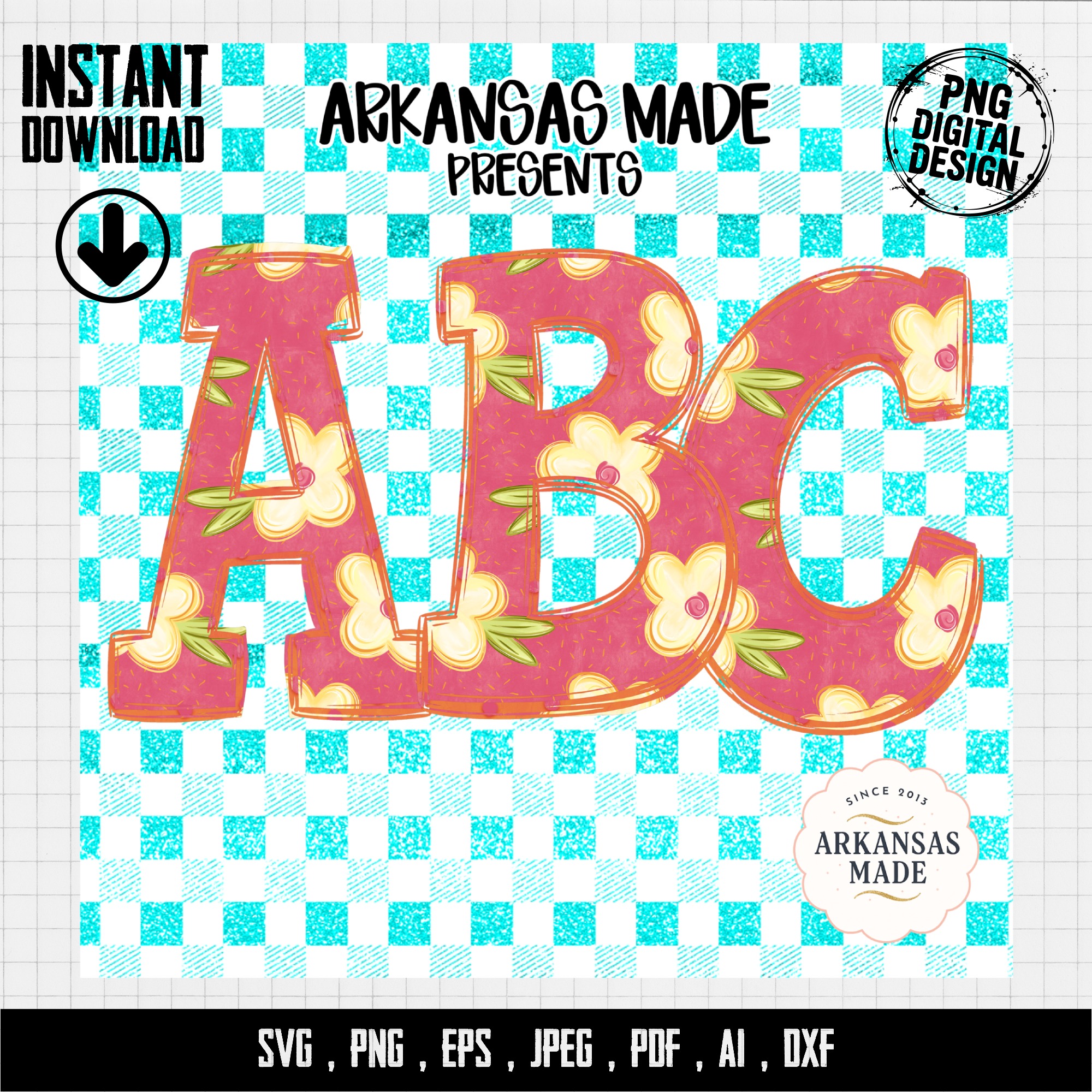 Floral Alphabet Digital Download, Full A-Z Alpha Sublimation DTF PNGs, Pink Floral Letters, Turquoise Gingham Plaid, Cute ABC Pack, Instant - Image 4