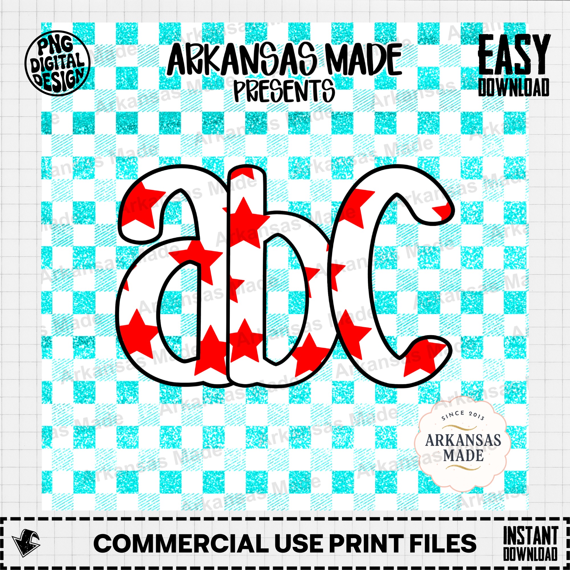 Star ABC Alphabet Digital Download Alpha Set, Red Stars Letters Clipart, Faux Glitter Gingham Teal PNG, Teacher Kids Craft DIY - Image 2
