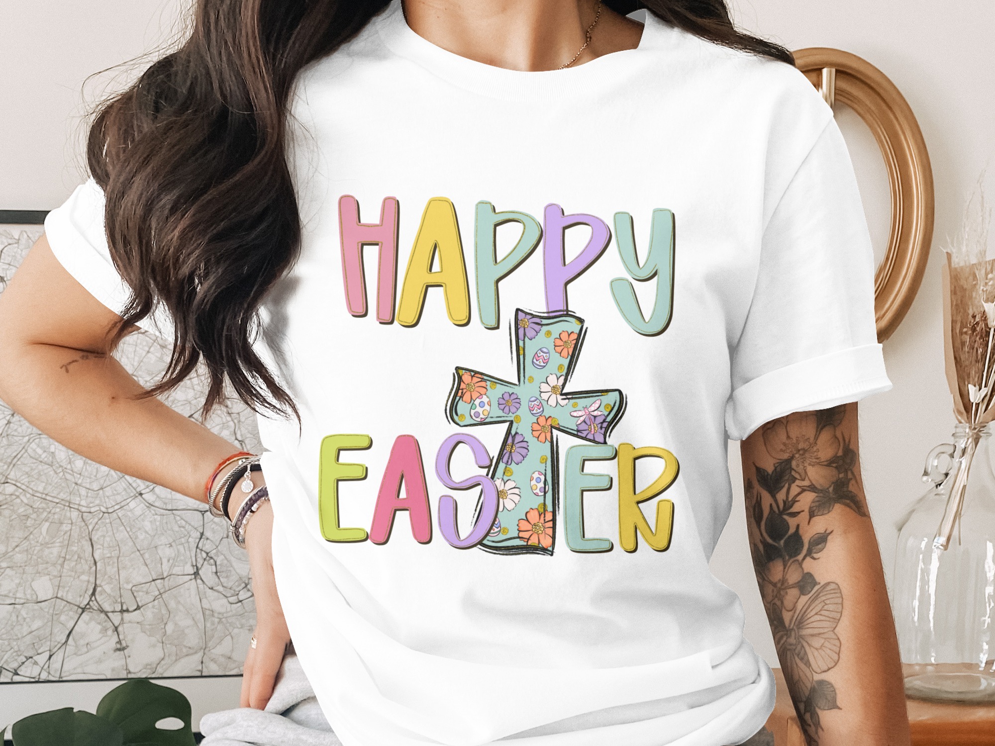 Happy Easter Cross PNG, Glitter Floral Easter Eggs Dragonfly Sublimation, Pastel Spring Christian DTF Digital Download Graphic Design