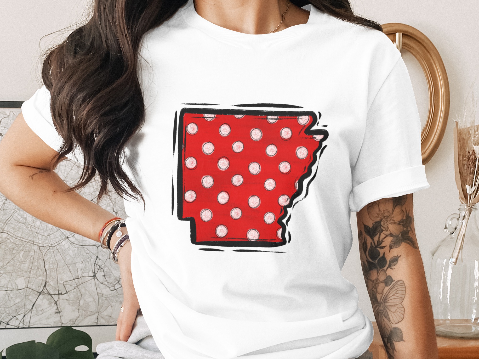 Arkansas Polka Dot Digital Download, Red White State Outline PNG, DTF Sublimation Design, Grunge Sketchy Art, US Map, Instant Download File