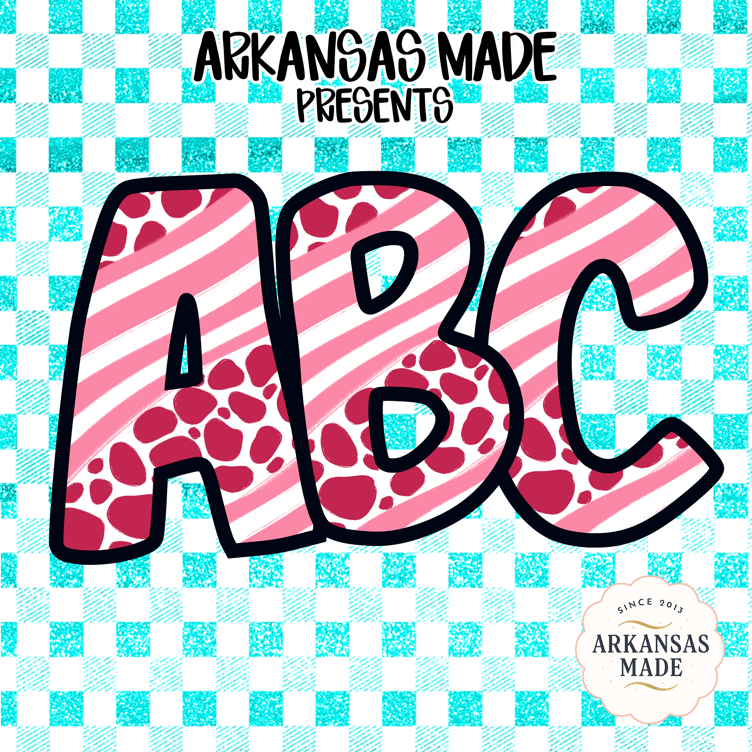 Digital, Pink Striped Abstract Spotted Full A-Z Alpha, Aqua Glitter Gingham Check, Sublimation DTF PNGs, Digital Download File, Trendy
