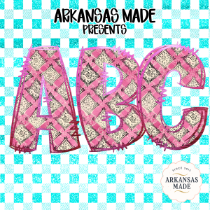 Pink Bandana Alphabet PNG, Teal Gingham Distressed Alpha, Full A-Z Digital Download, Sublimation DTF Letters, Shabby Chic