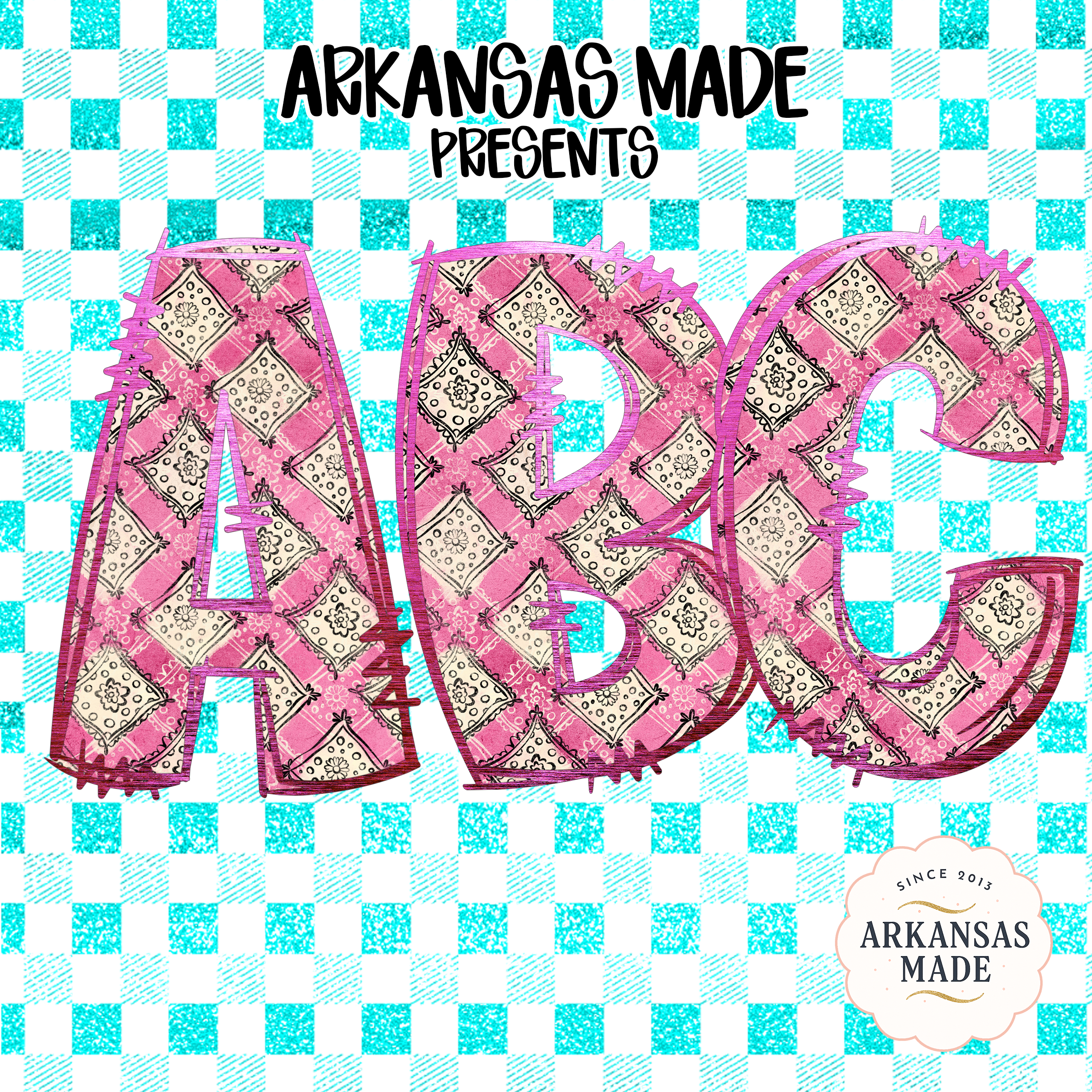 Pink Bandana Alphabet PNG, Teal Gingham Distressed Alpha, Full A-Z Digital Download, Sublimation DTF Letters, Shabby Chic