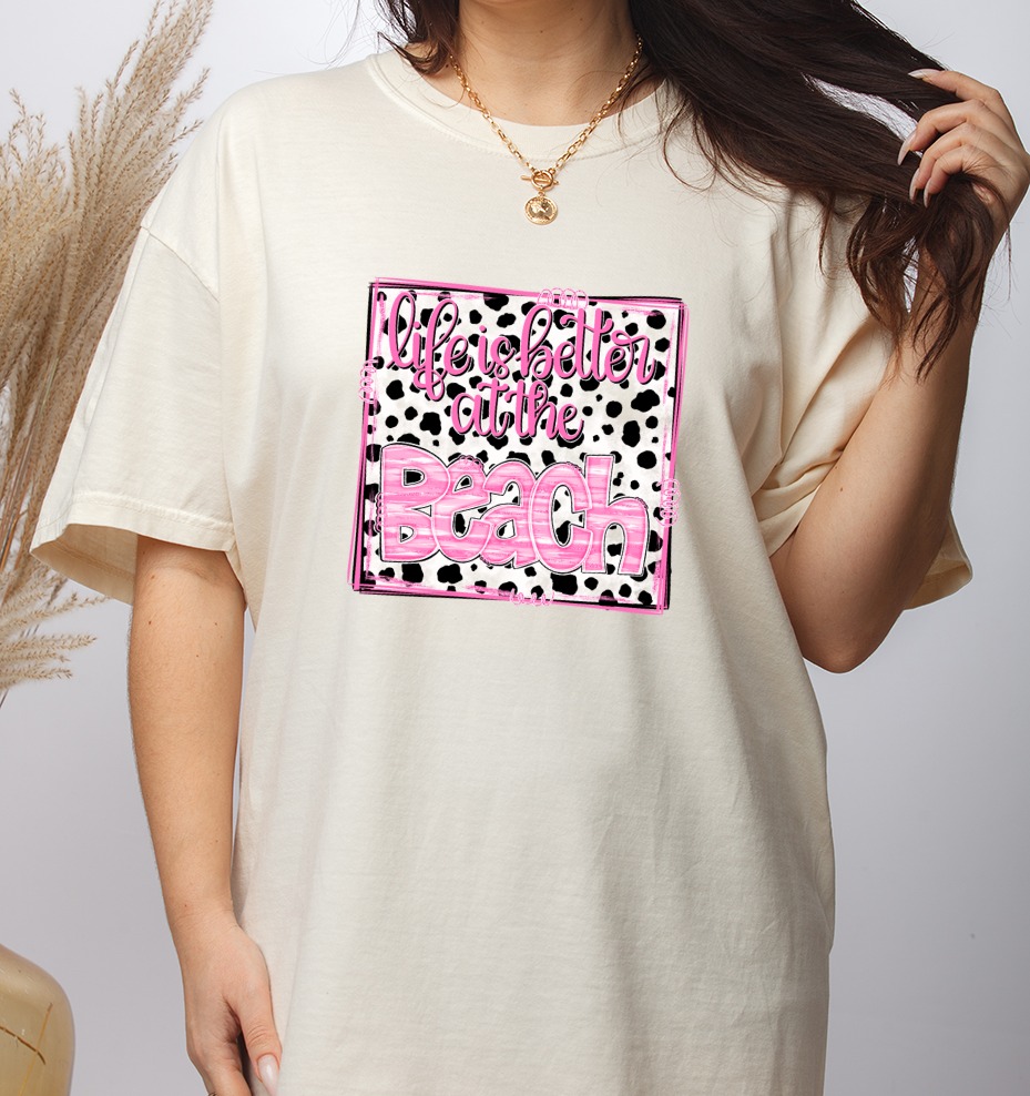 Life is Better at the Beach T-Shirt, Pink Cow Print Sublimation PNG, Summer Vacation Tee, Trendy Beach Digital Download Design, Ocean Lover - Image 2