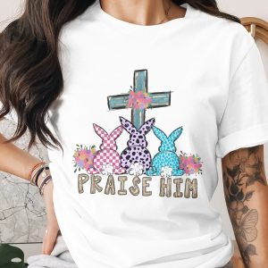 Easter Praise Him Bunny Cross PNG, Floral Christian Digital Download, Sublimation DTF File, Spring Religious Art, Cute Rabbit Design